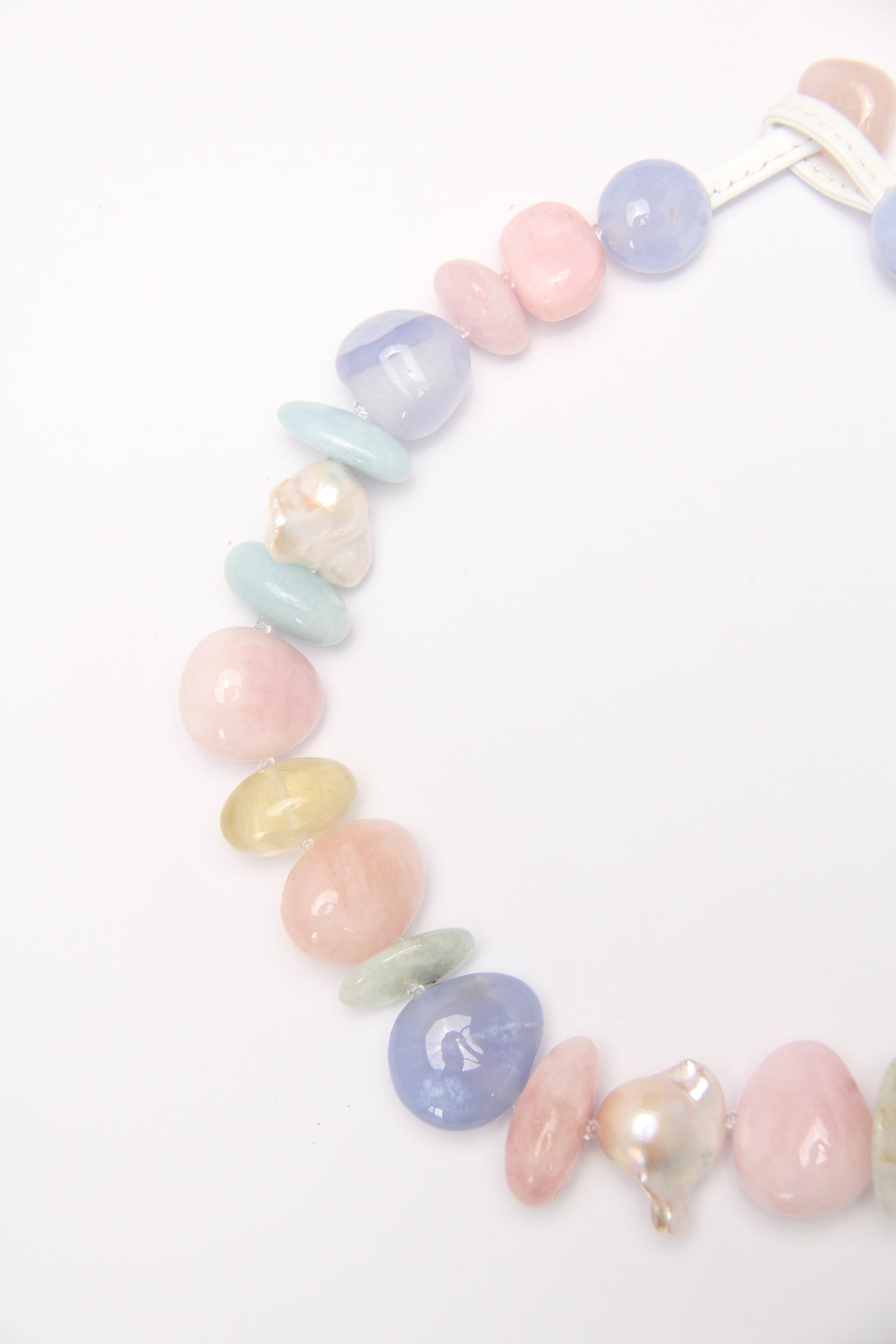 Necklace: morganite, blue lace agate, pearls, citrine, prehnite