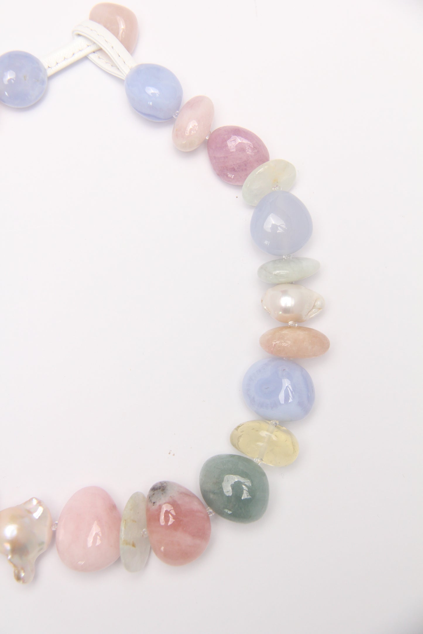 Necklace: morganite, blue lace agate, pearls, citrine, prehnite