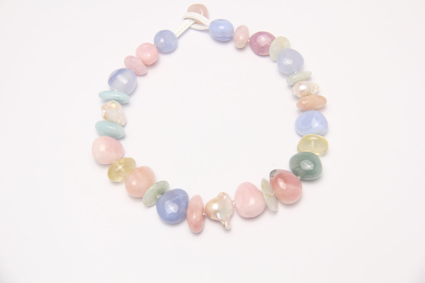 Necklace: morganite, blue lace agate, pearls, citrine, prehnite