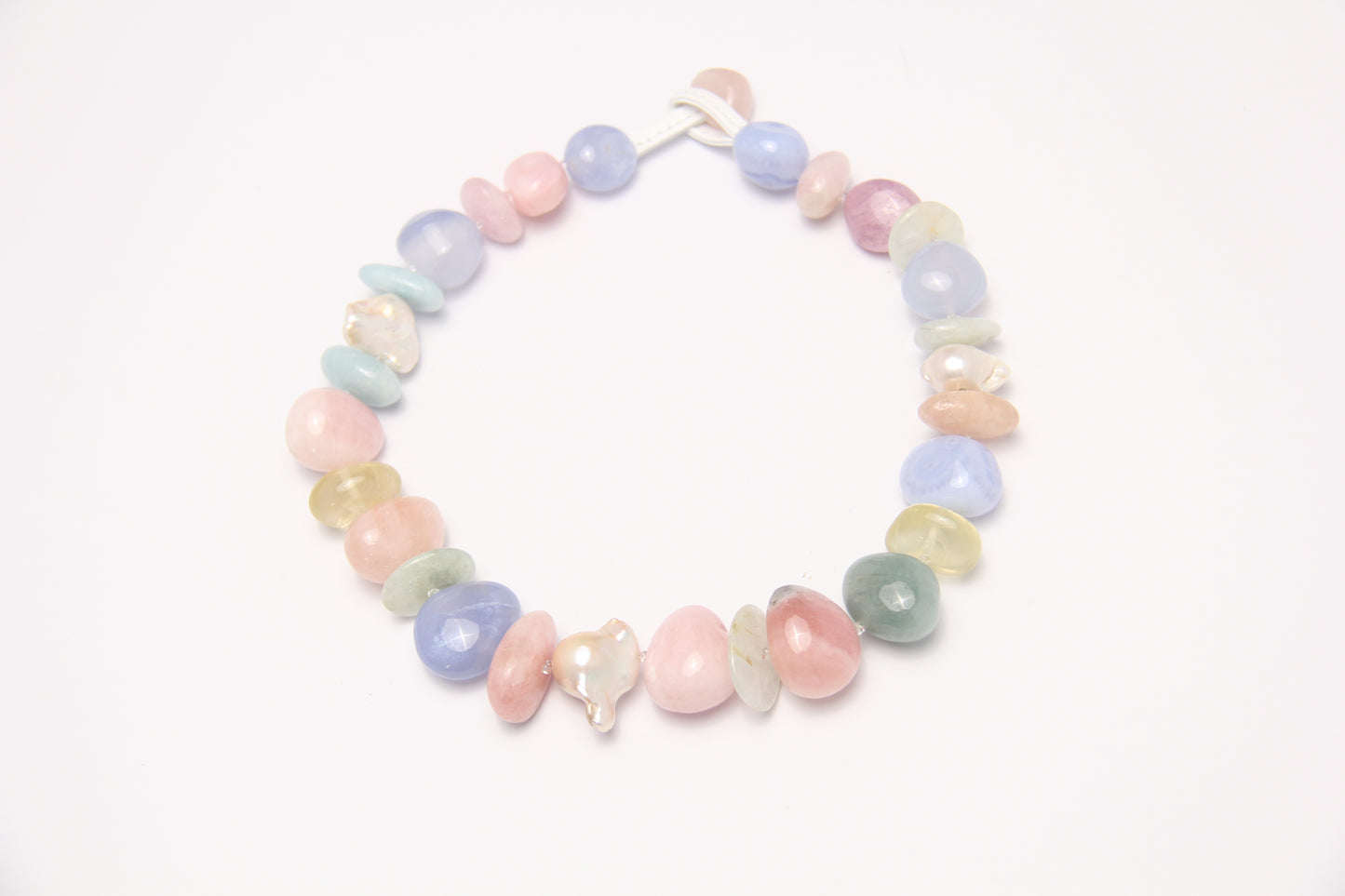 Necklace: morganite, blue lace agate, pearls, citrine, prehnite