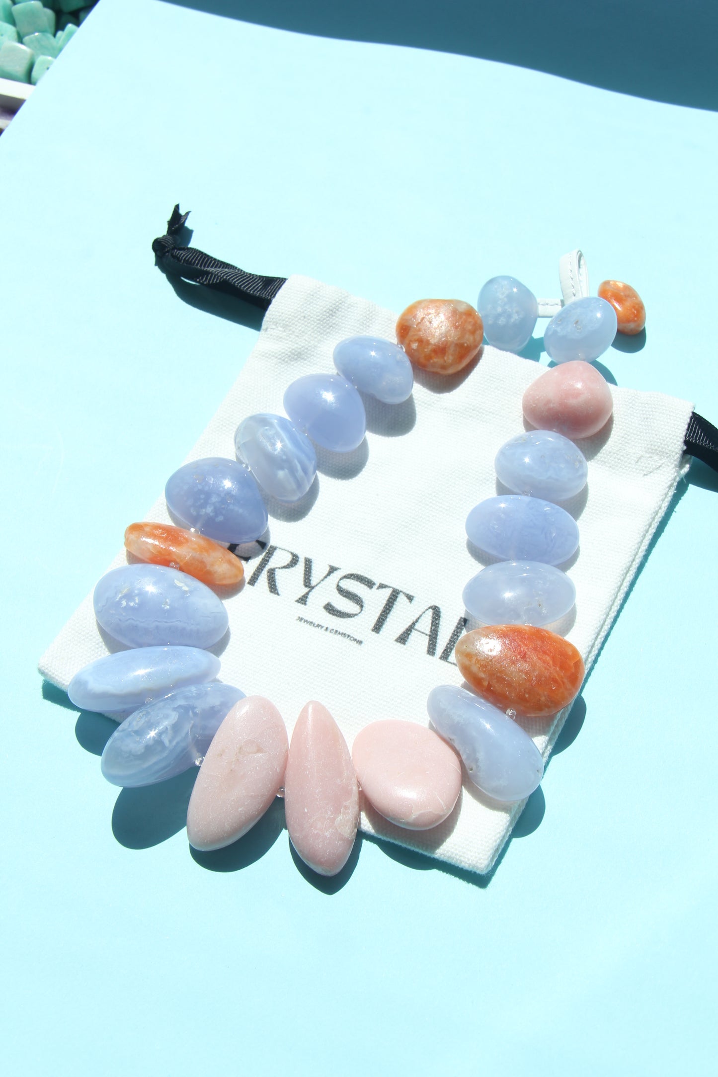 Necklace: blue lace agate, pink opal, calcite