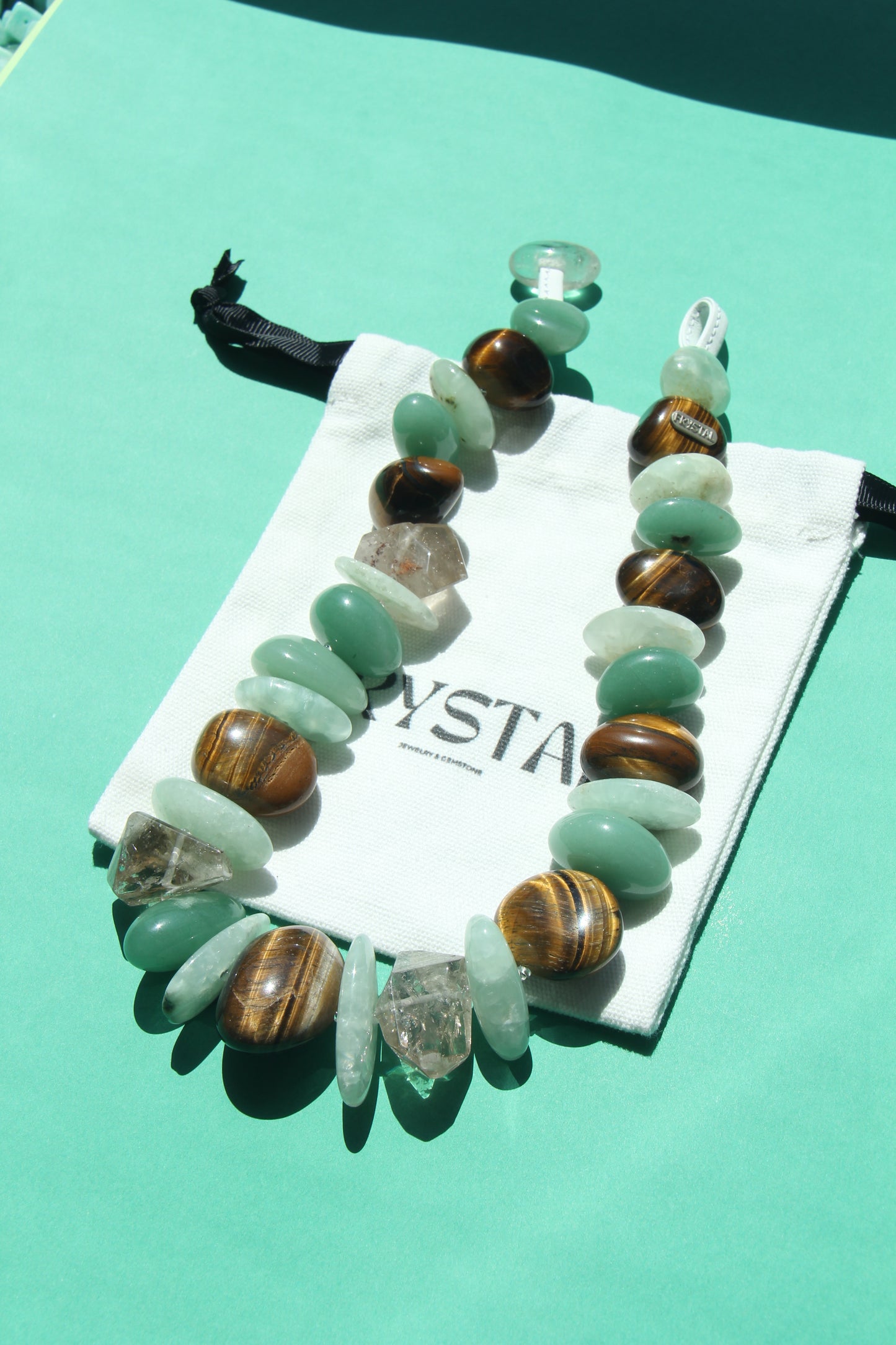 Necklace: tiger's eye, prehnite, phantom quartz, green aventurine