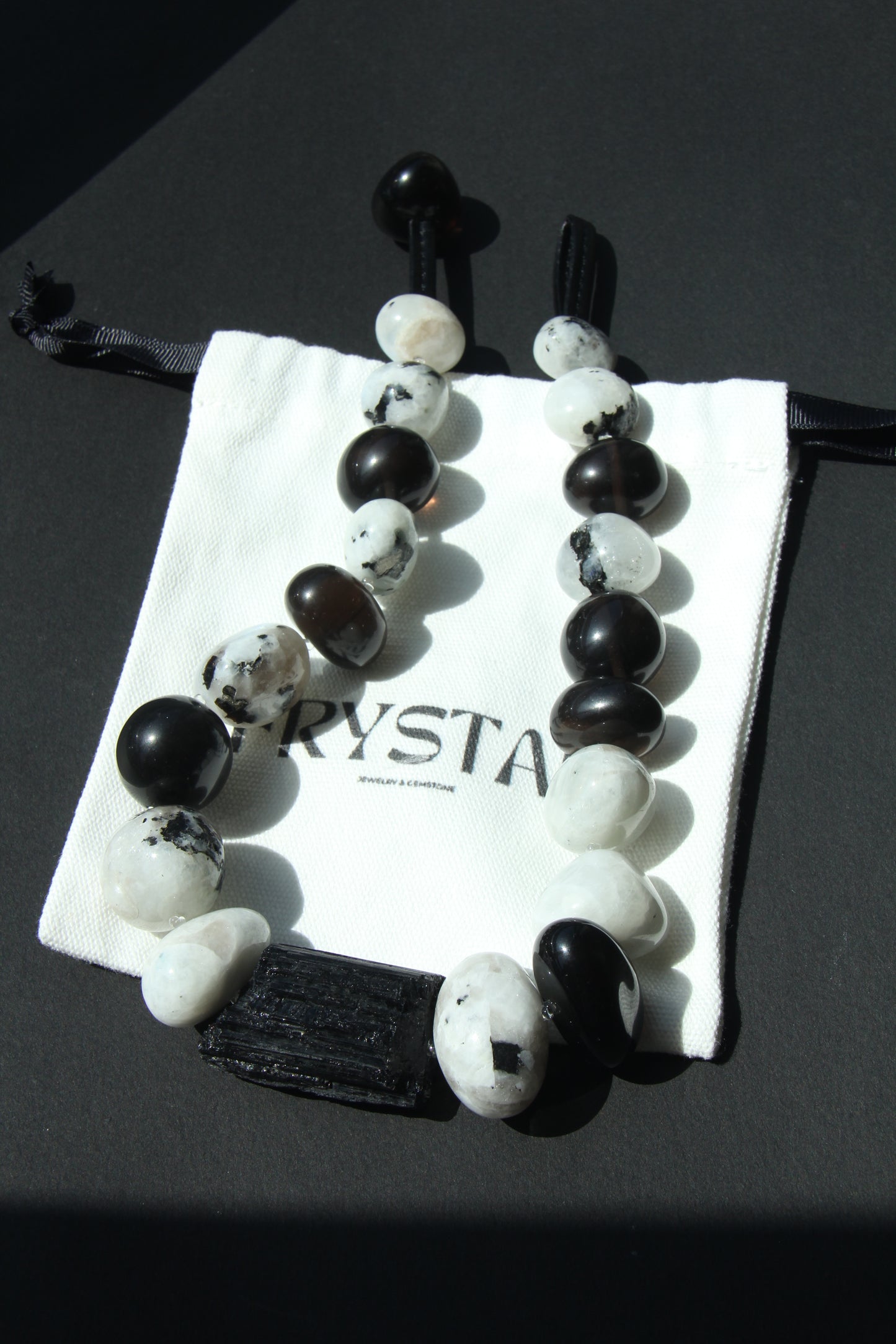 Necklace: black tourmaline, moonstone, obsidian