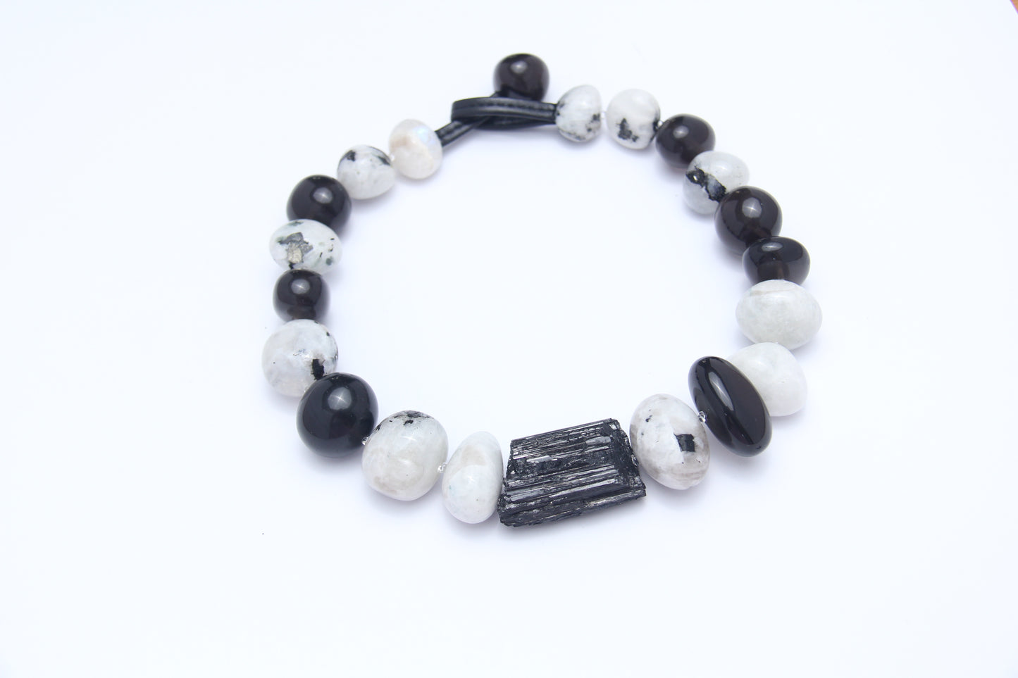 Necklace: black tourmaline, moonstone, obsidian