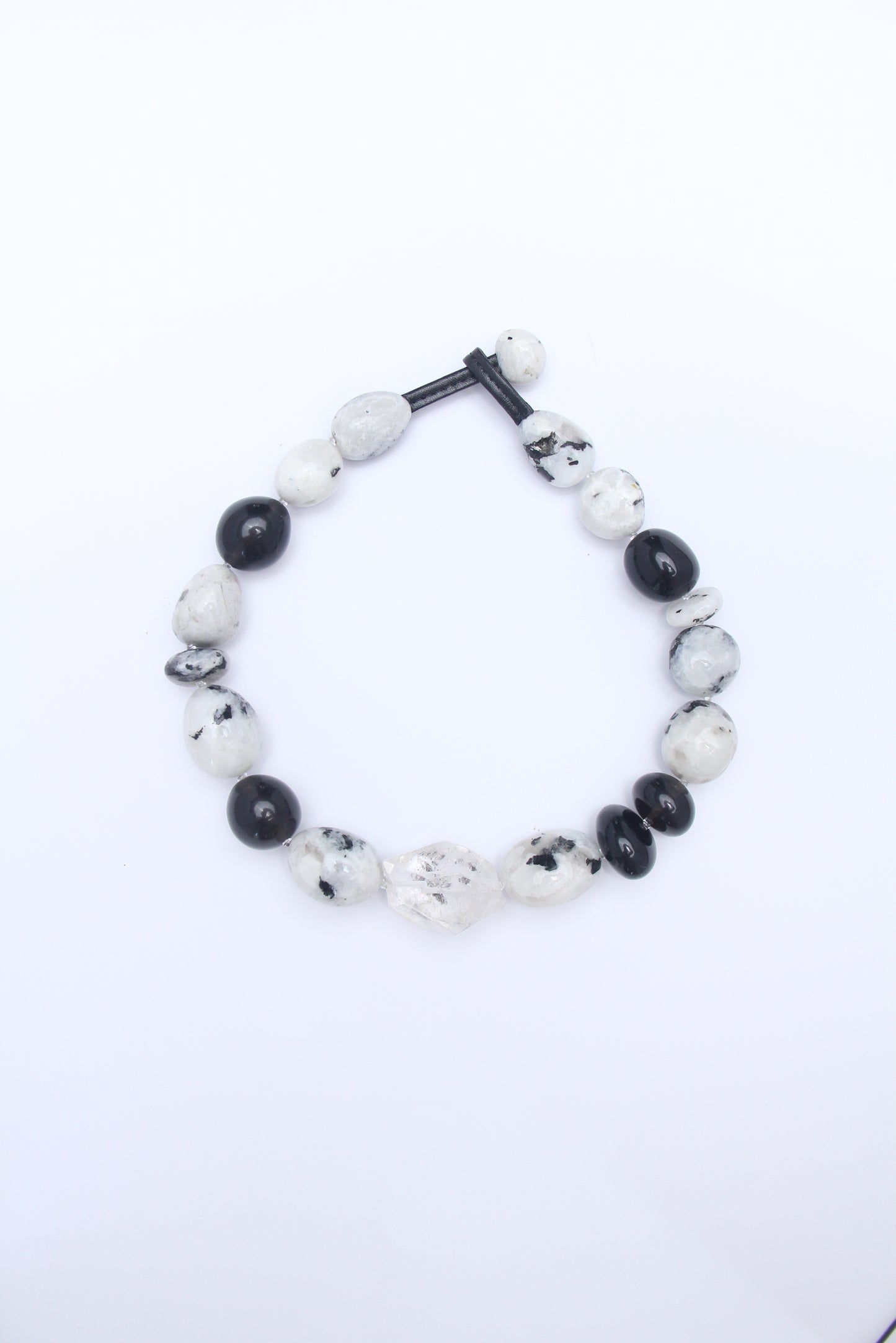 Necklace: herkimer diamond, moonstone, obsidian