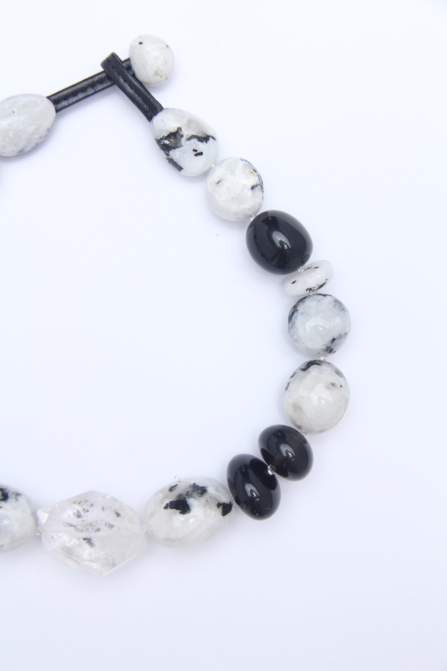 Necklace: herkimer diamond, moonstone, obsidian