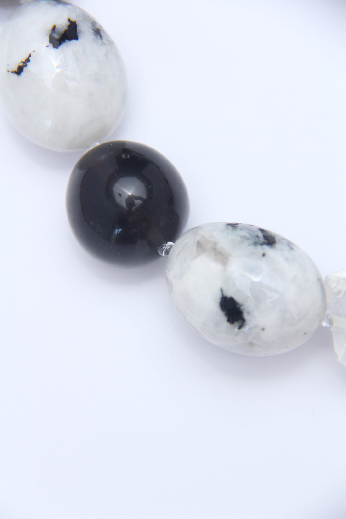 Necklace: herkimer diamond, moonstone, obsidian