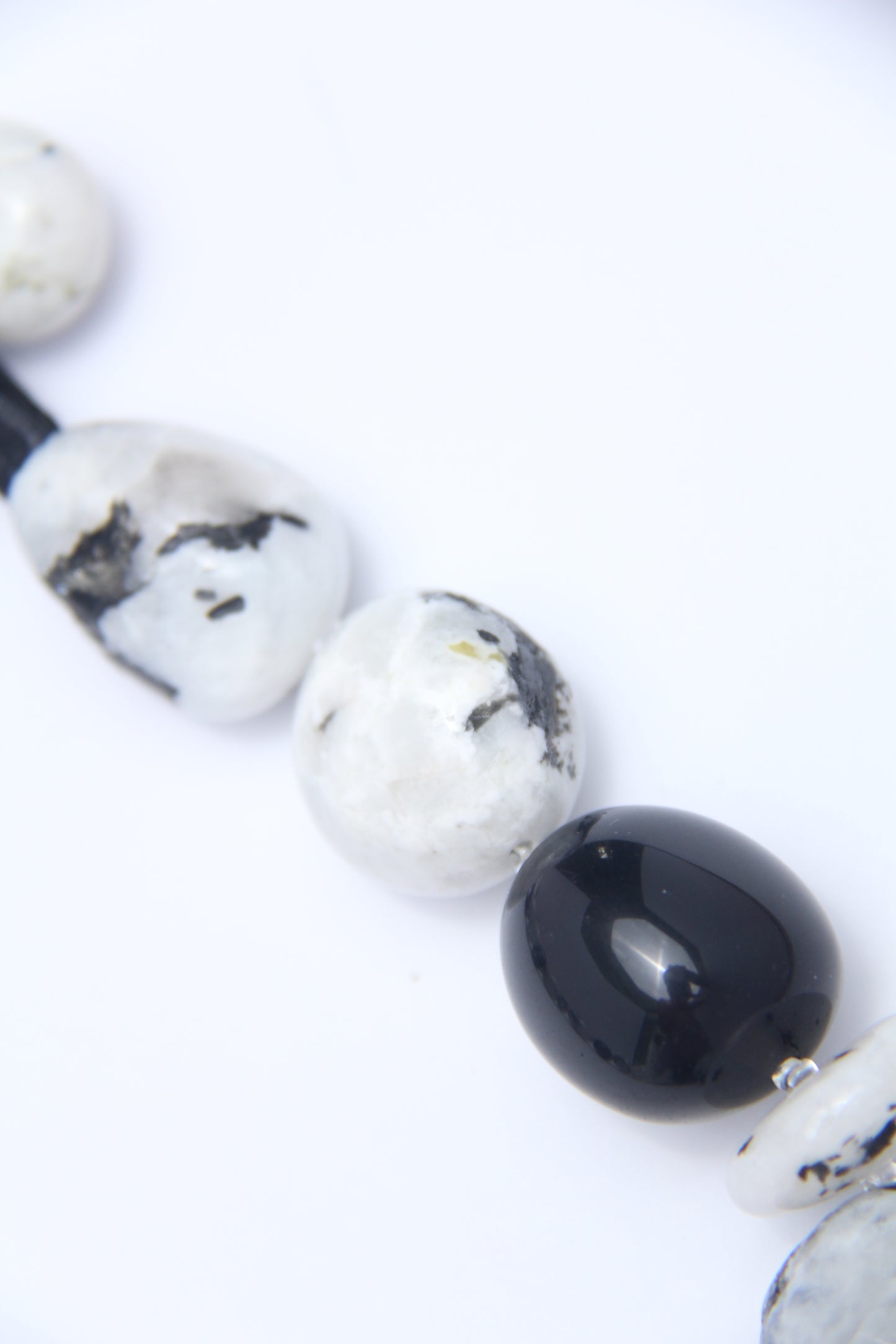 Necklace: herkimer diamond, moonstone, obsidian