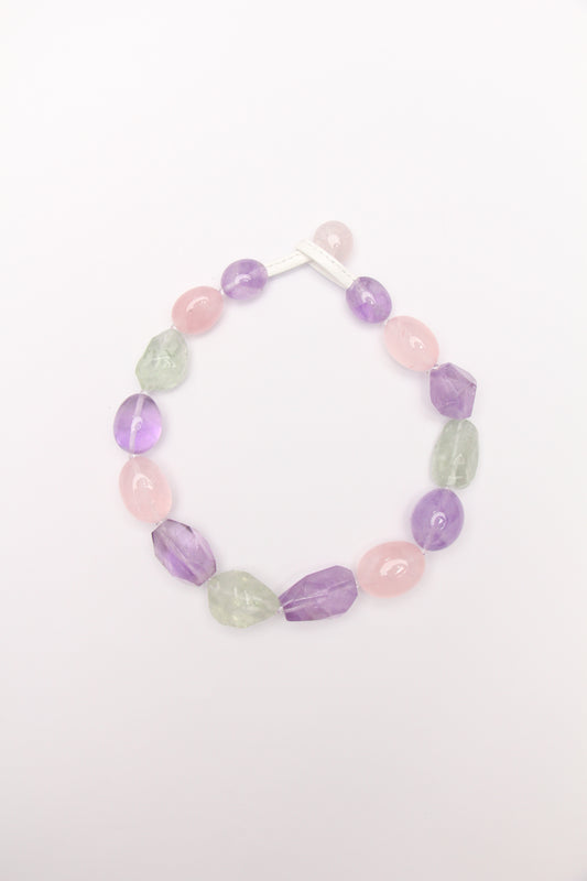 Necklace: amethyst, prasem quartz, rose quartz