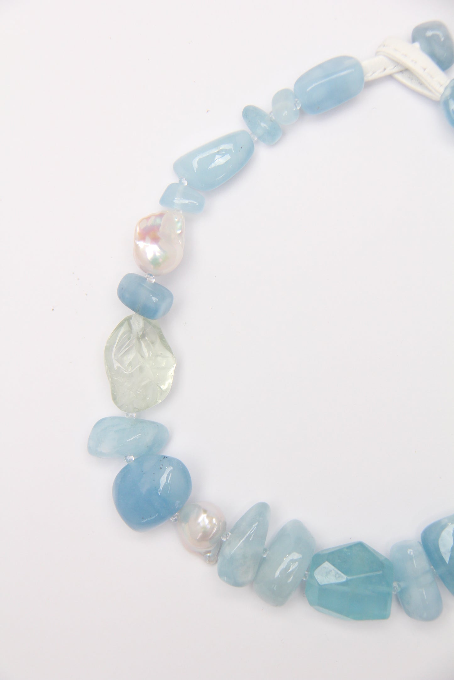 Necklace: aquamarine, morganite, prasem quartz, pearls