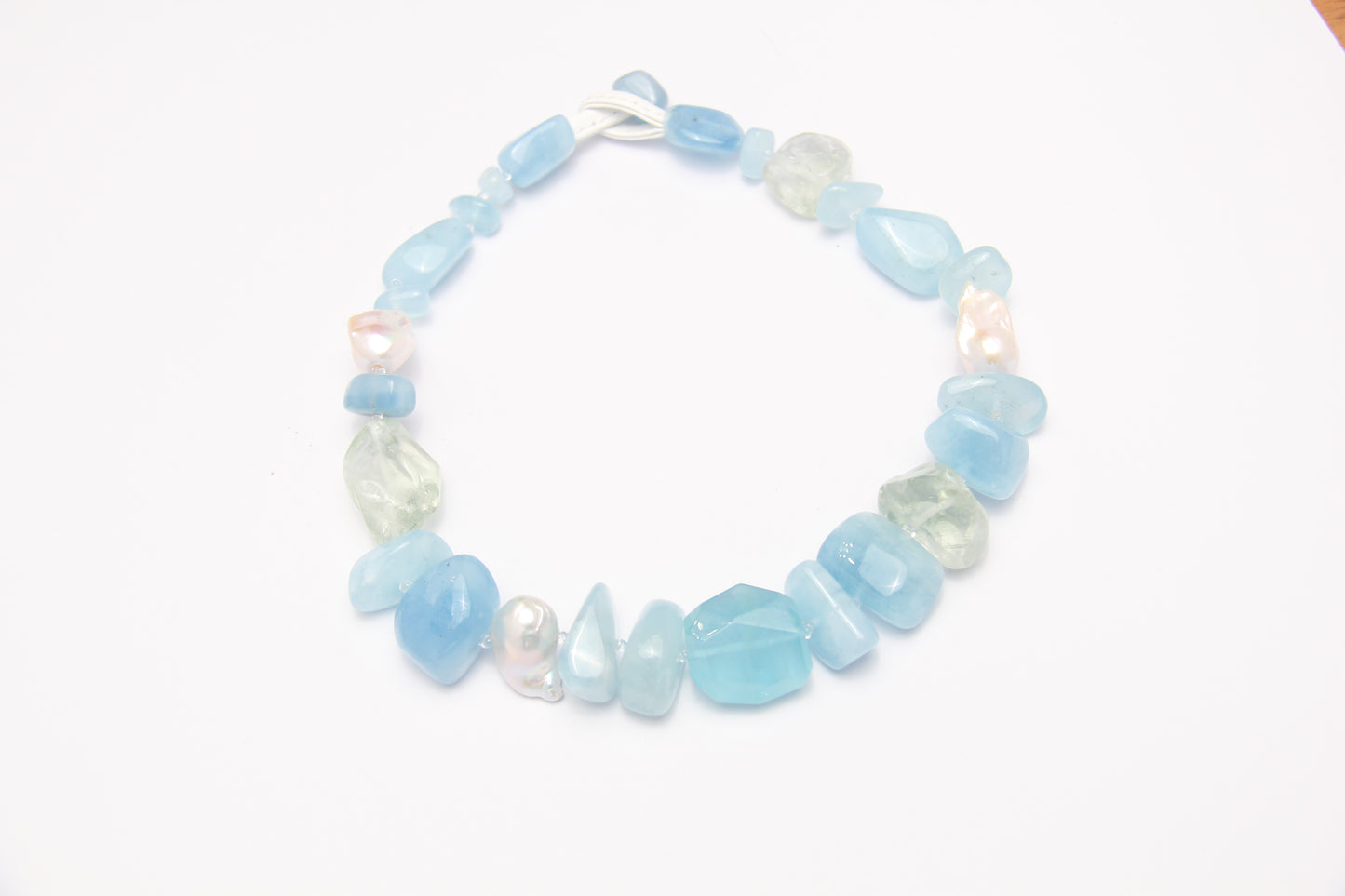 Necklace: aquamarine, morganite, prasem quartz, pearls