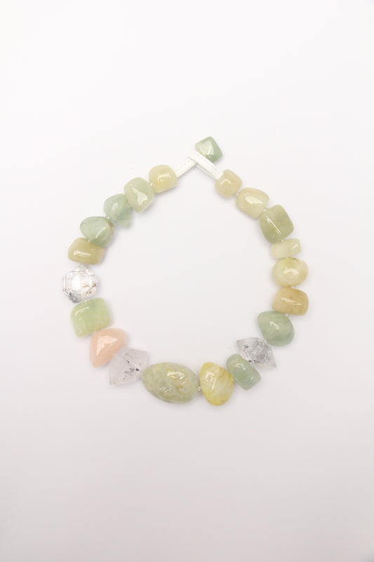 Necklace: herkimer diamond, morganite, golden prehnite