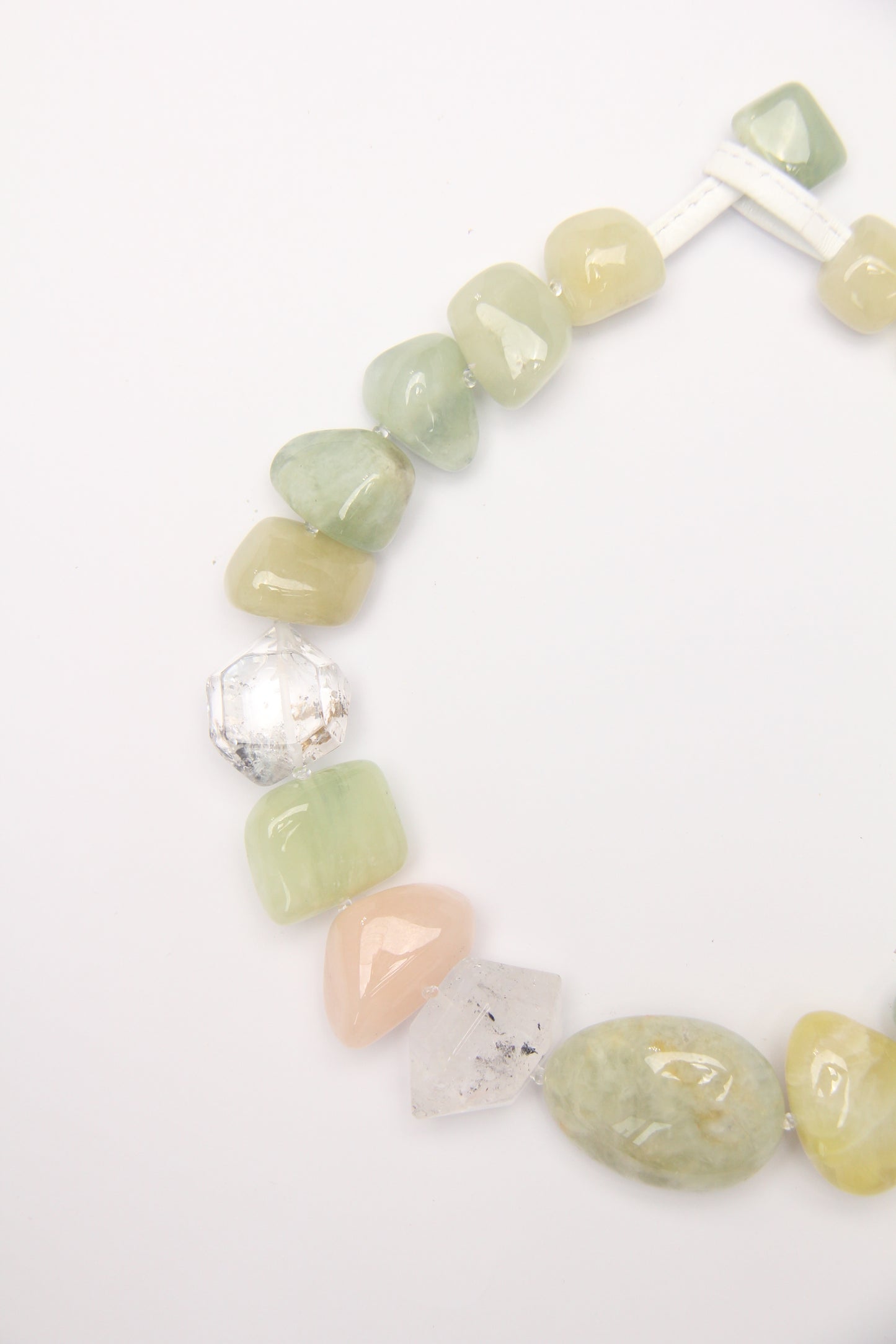 Necklace: herkimer diamond, morganite, golden prehnite