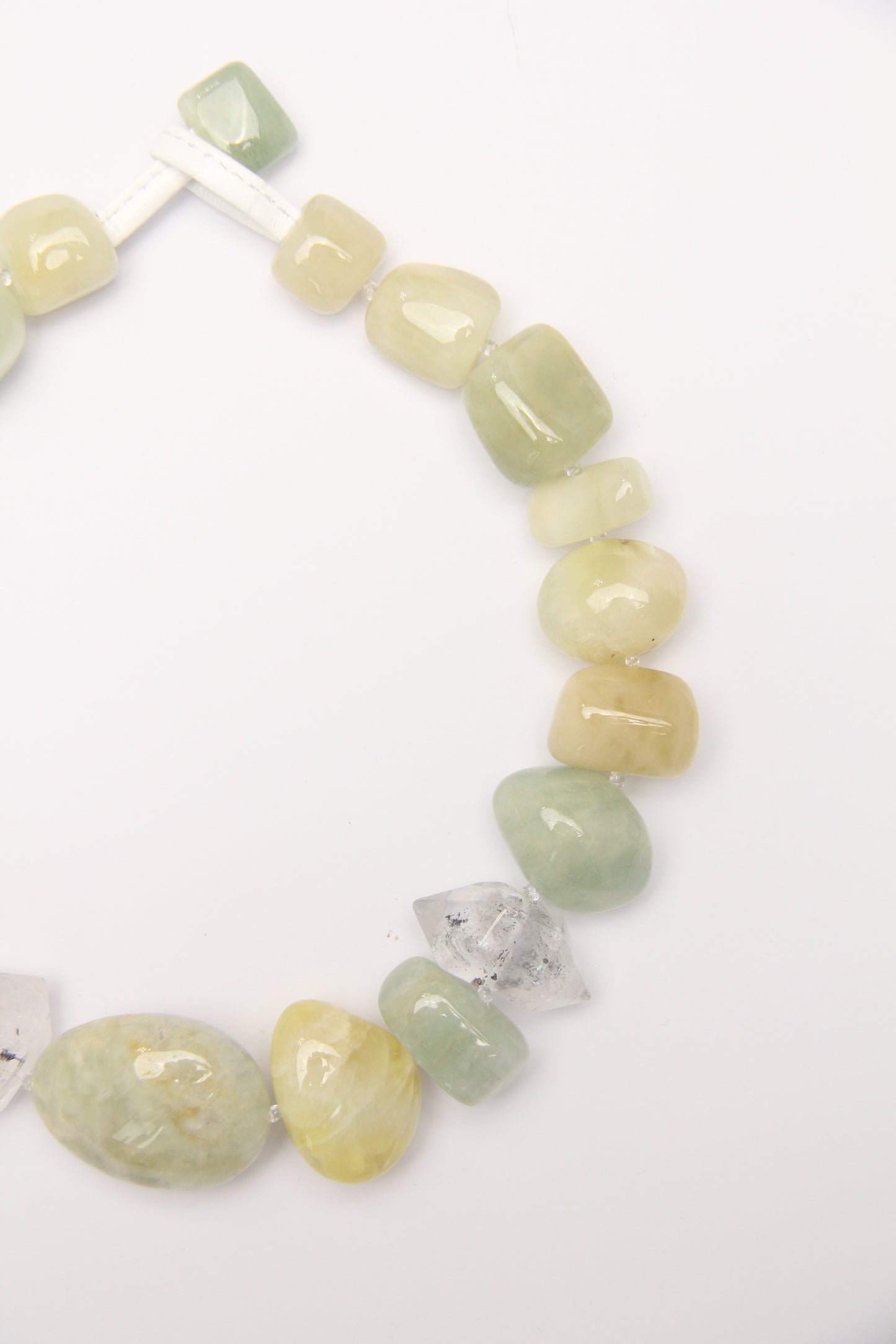 Necklace: herkimer diamond, morganite, golden prehnite