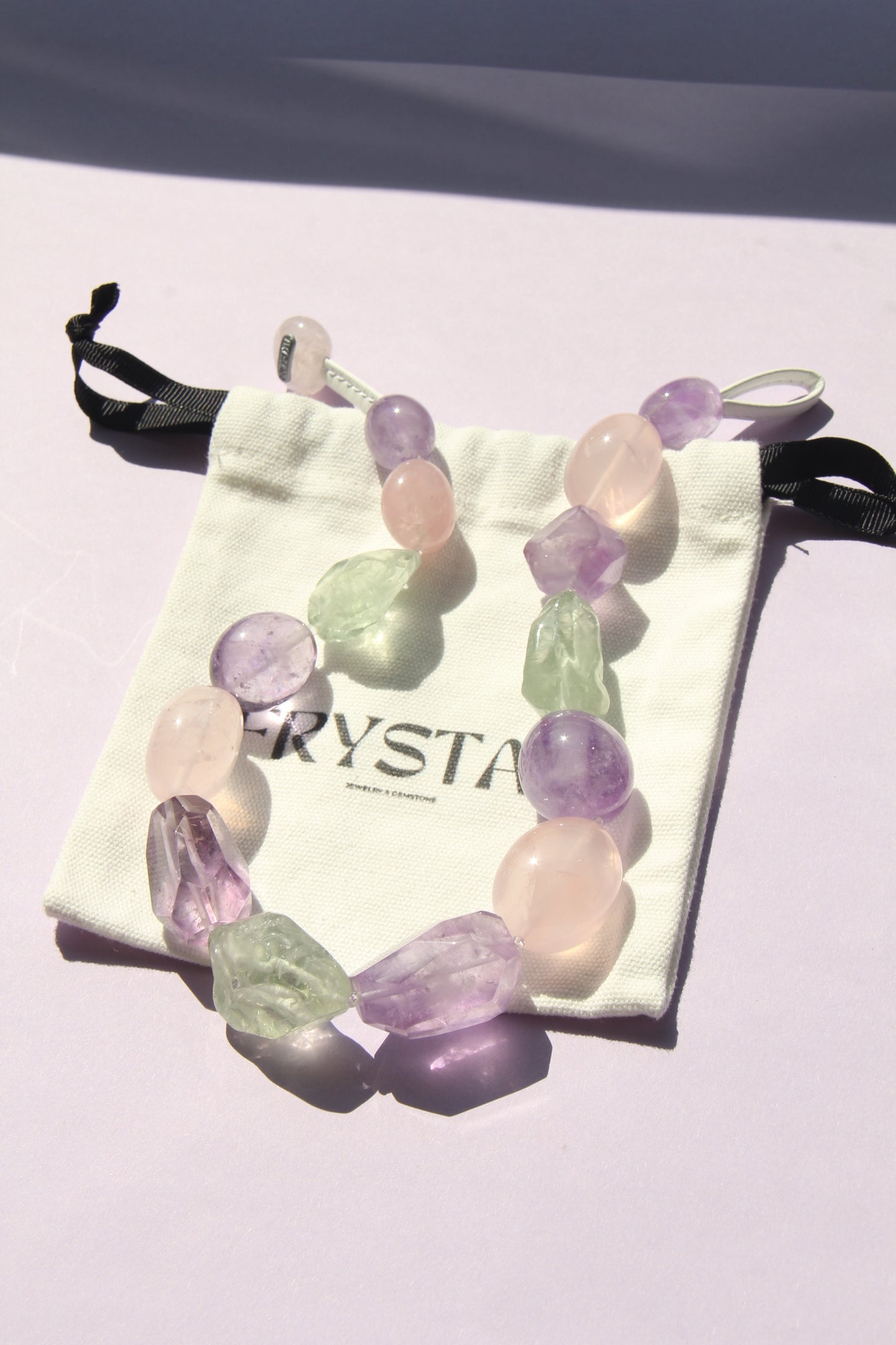 Necklace: amethyst, prasem quartz, rose quartz