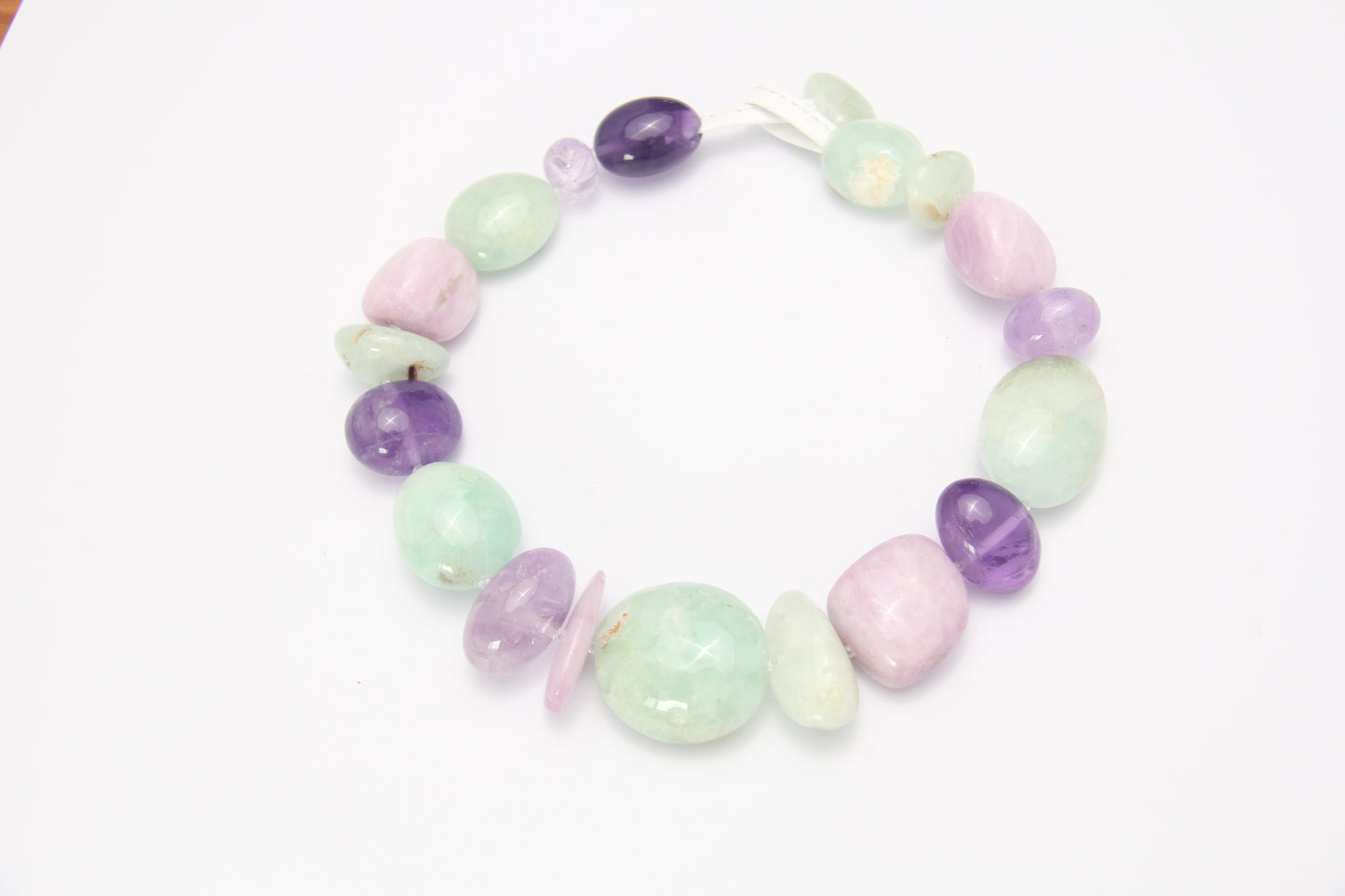 Necklace: kunzite, amethyst, prehnite