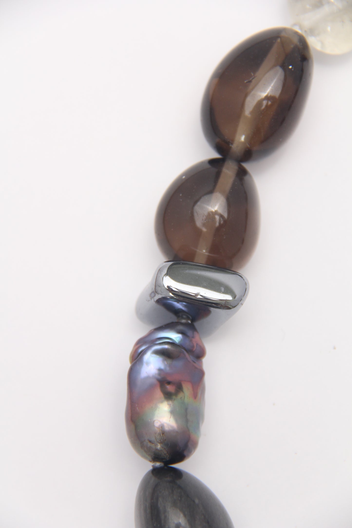 Necklace: silver obsidian, citrine, titanium magnet, pearls, smoky quartz