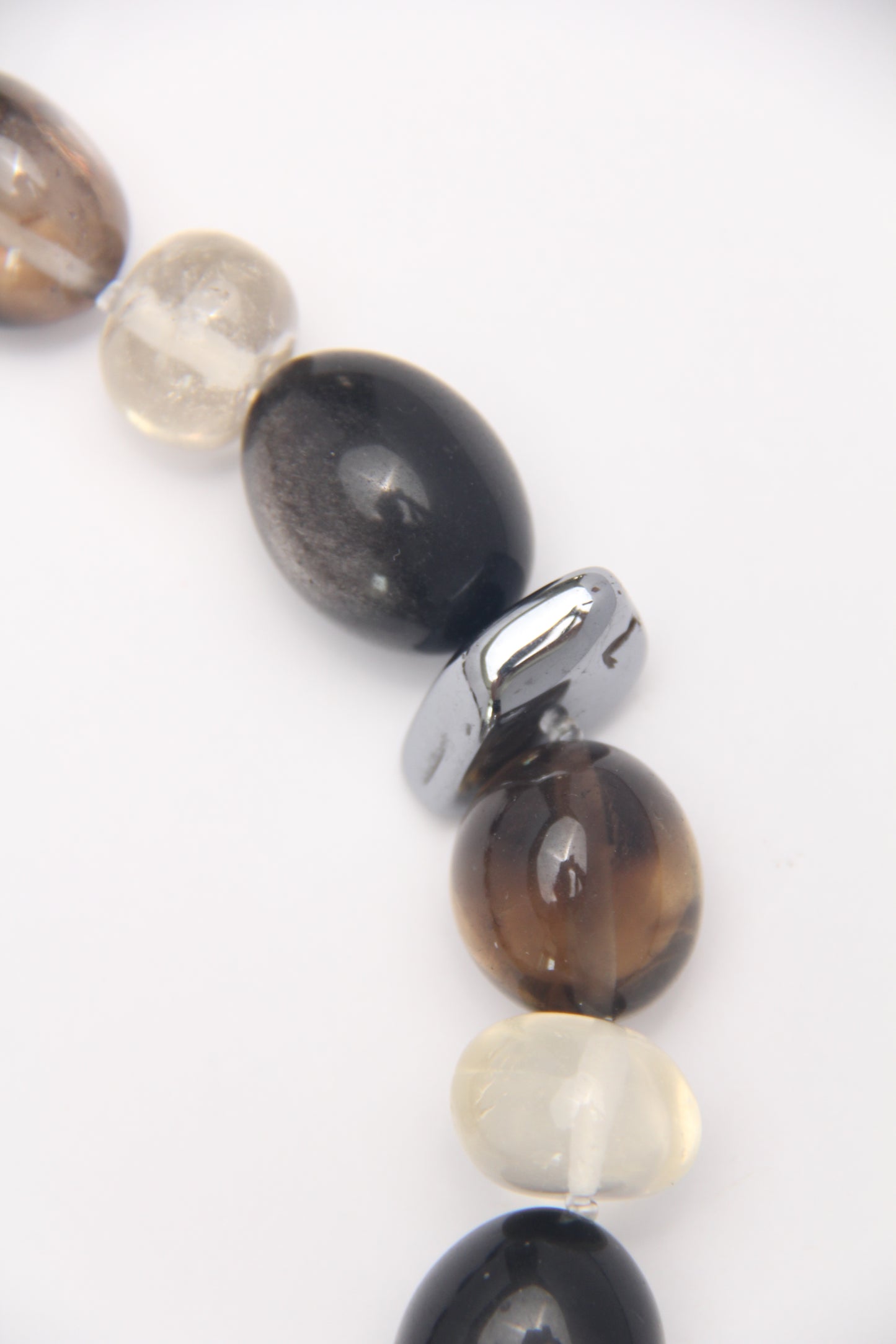 Necklace: silver obsidian, citrine, titanium magnet, pearls, smoky quartz