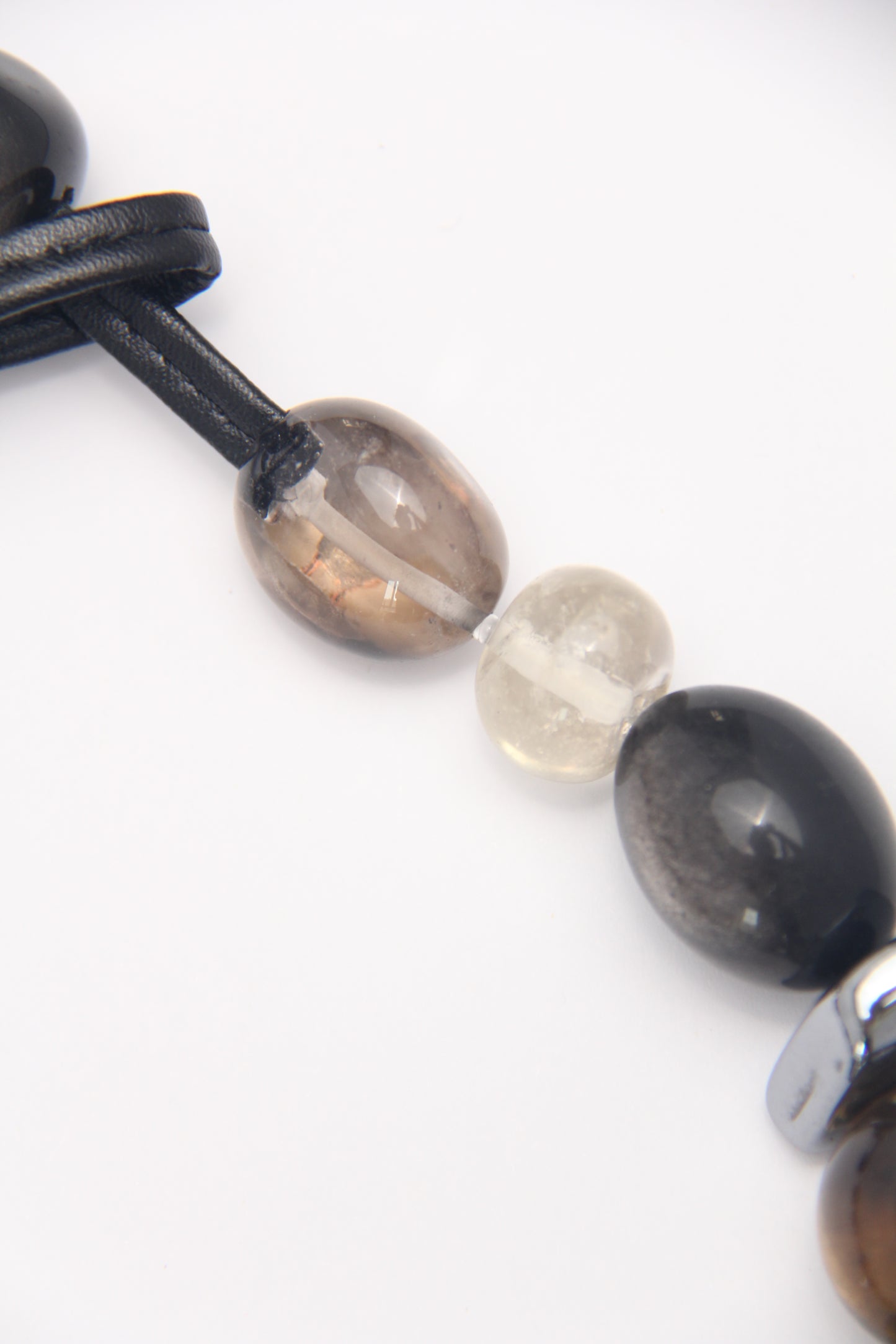 Necklace: silver obsidian, citrine, titanium magnet, pearls, smoky quartz