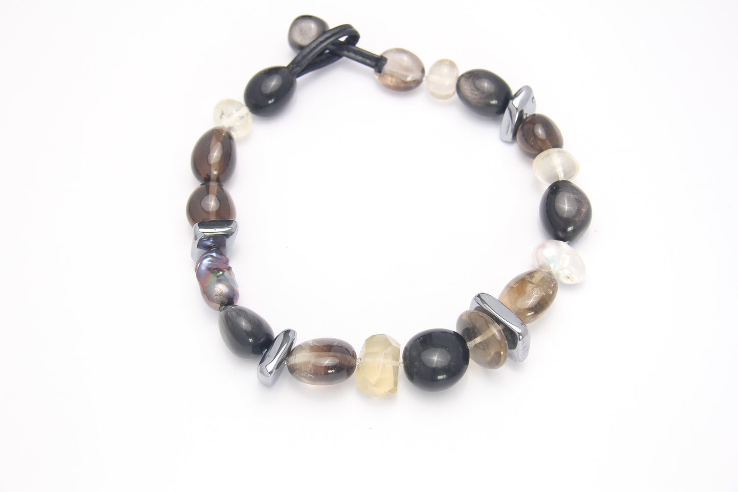 Necklace: silver obsidian, citrine, titanium magnet, pearls, smoky quartz