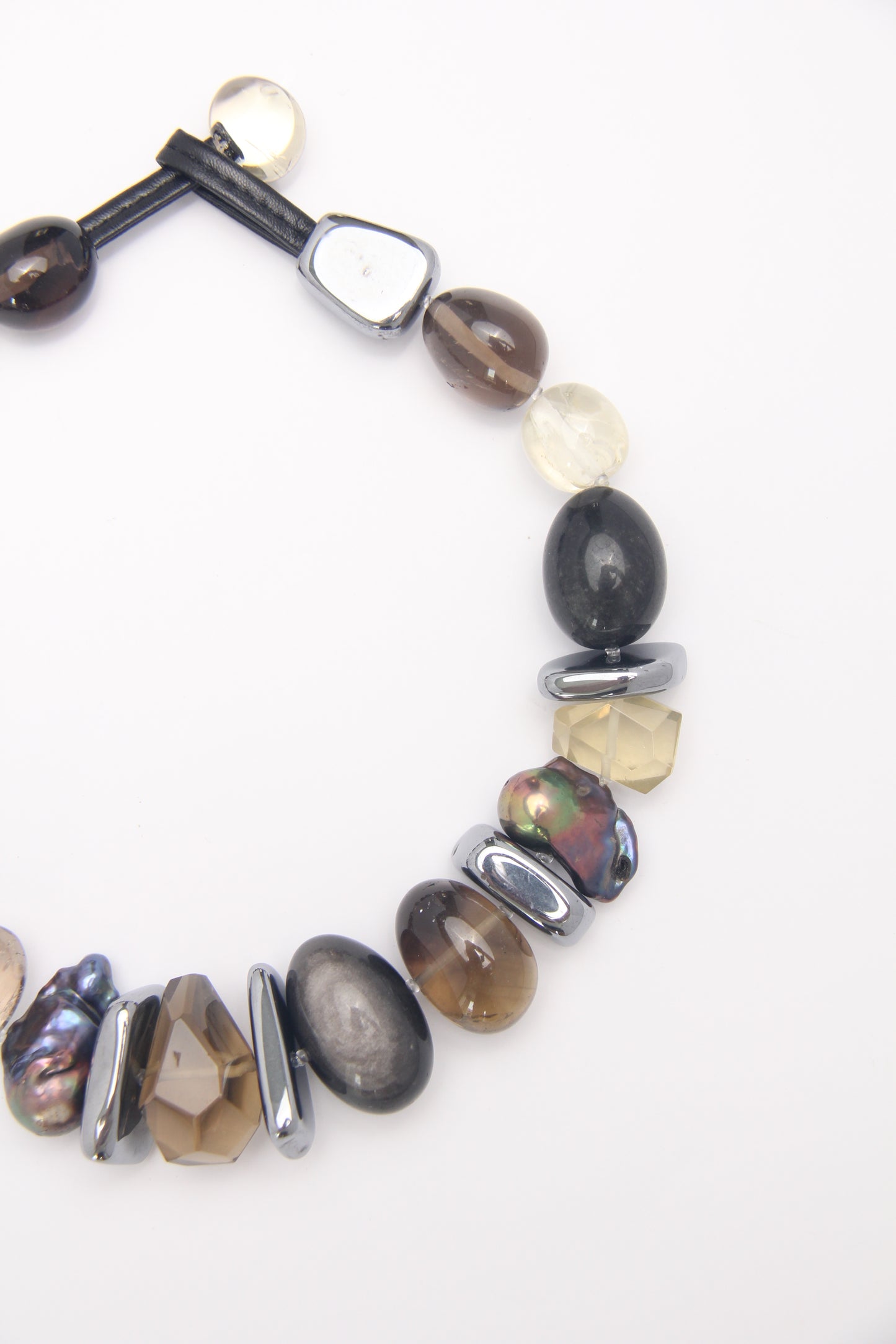 Necklace: silver obsidian, citrine, titanium magnet, pearls, smoky quartz