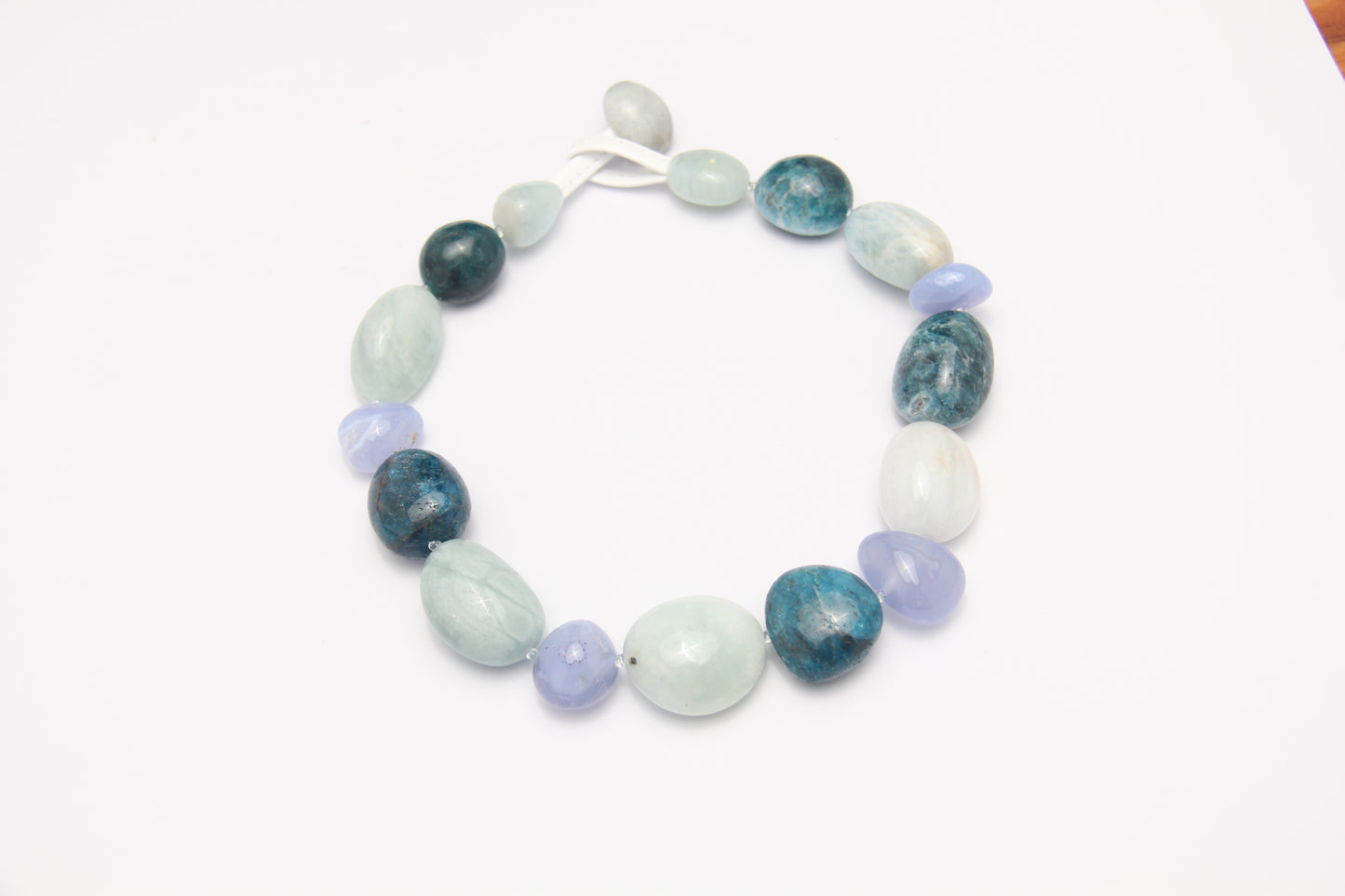 Necklace: morganite, blue lace agate, blue apatite