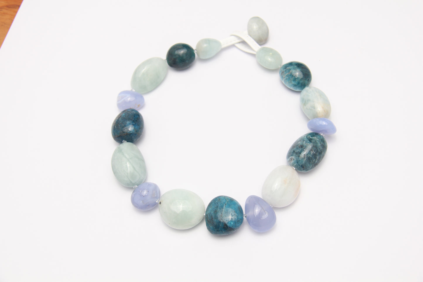 Necklace: morganite, blue lace agate, blue apatite