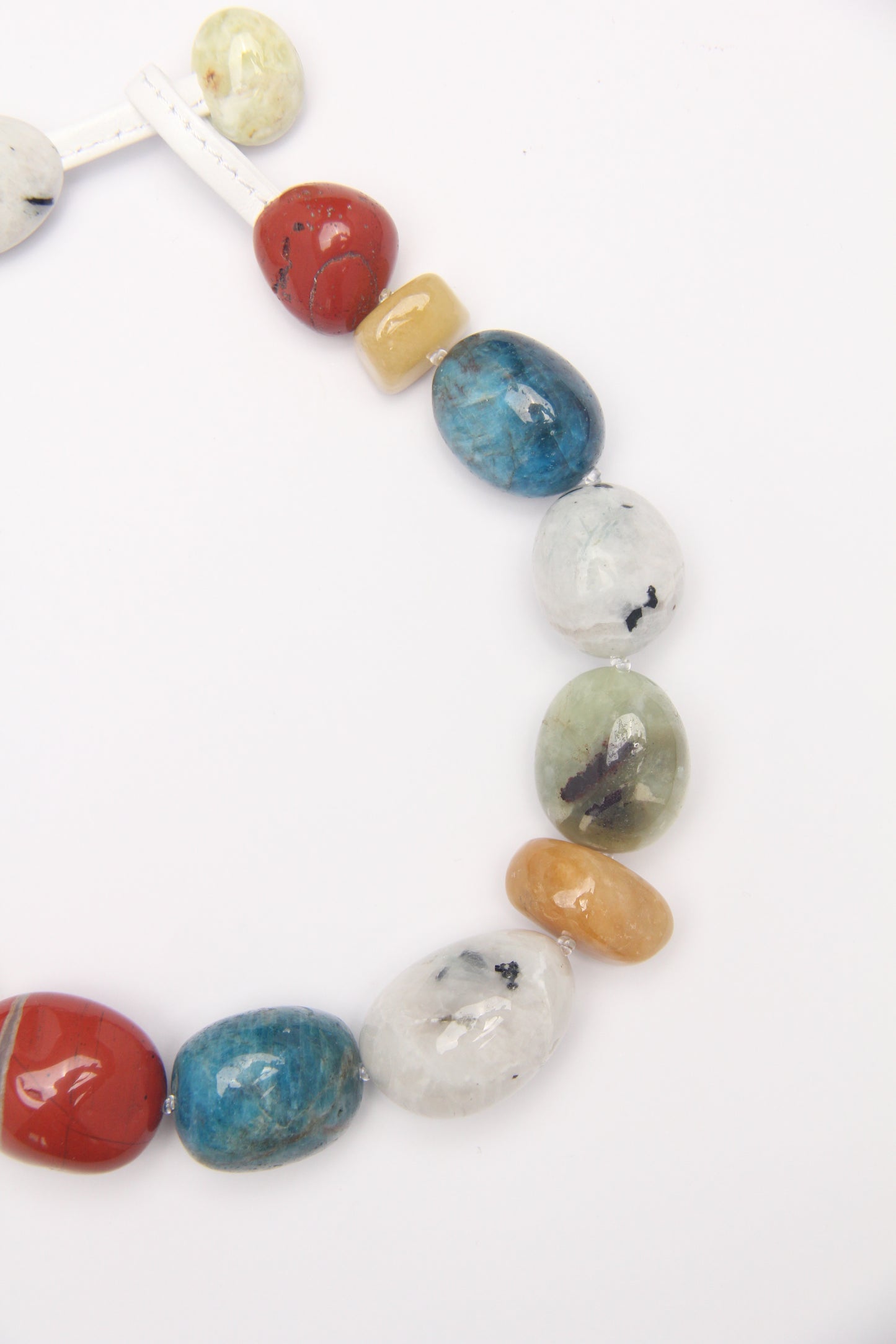 Necklace: red jasper stone, morganite, blue apatite, moonstone, prehnite