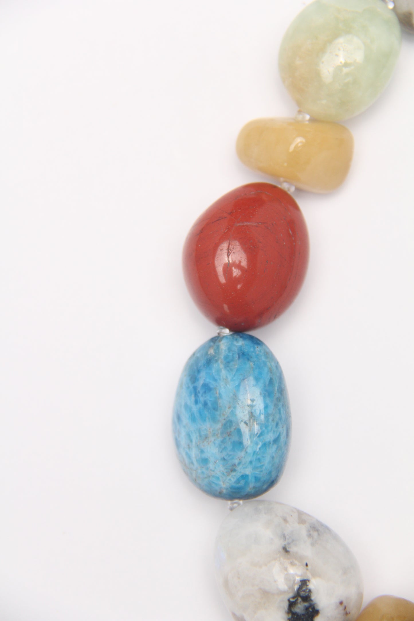 Necklace: red jasper stone, morganite, blue apatite, moonstone, prehnite