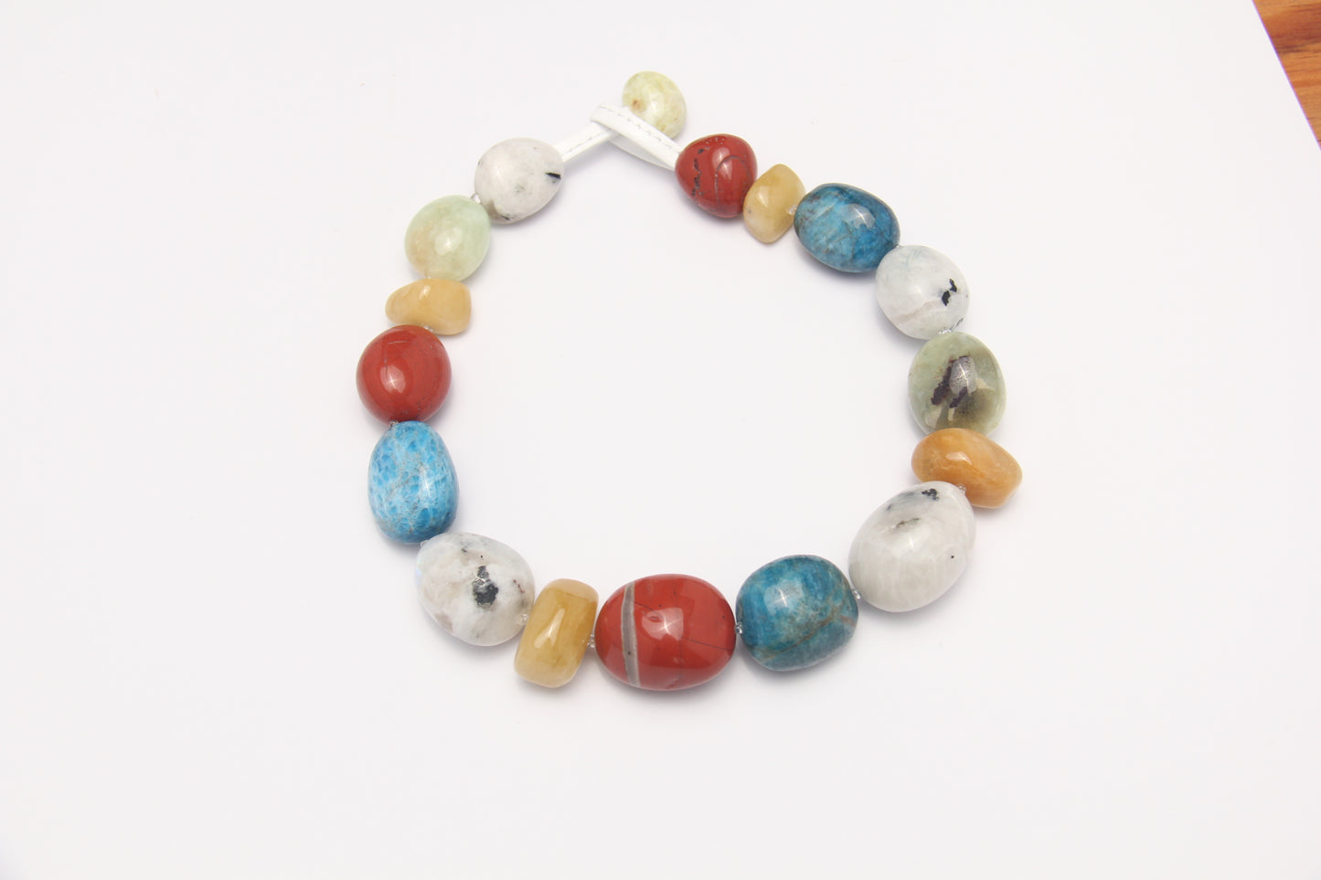 Necklace: red jasper stone, morganite, blue apatite, moonstone, prehnite