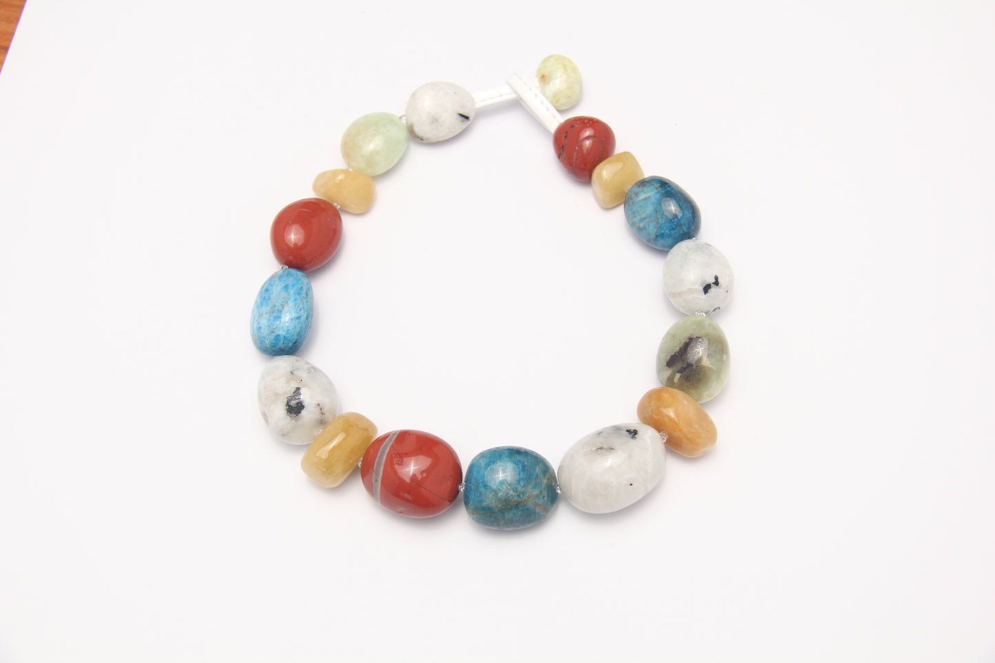 Necklace: red jasper stone, morganite, blue apatite, moonstone, prehnite