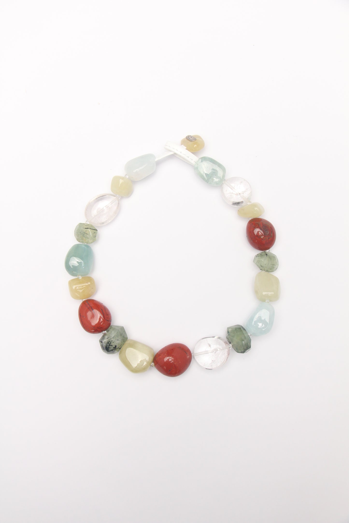 Necklace: red jasper stone, morganite, quartz, prehnite