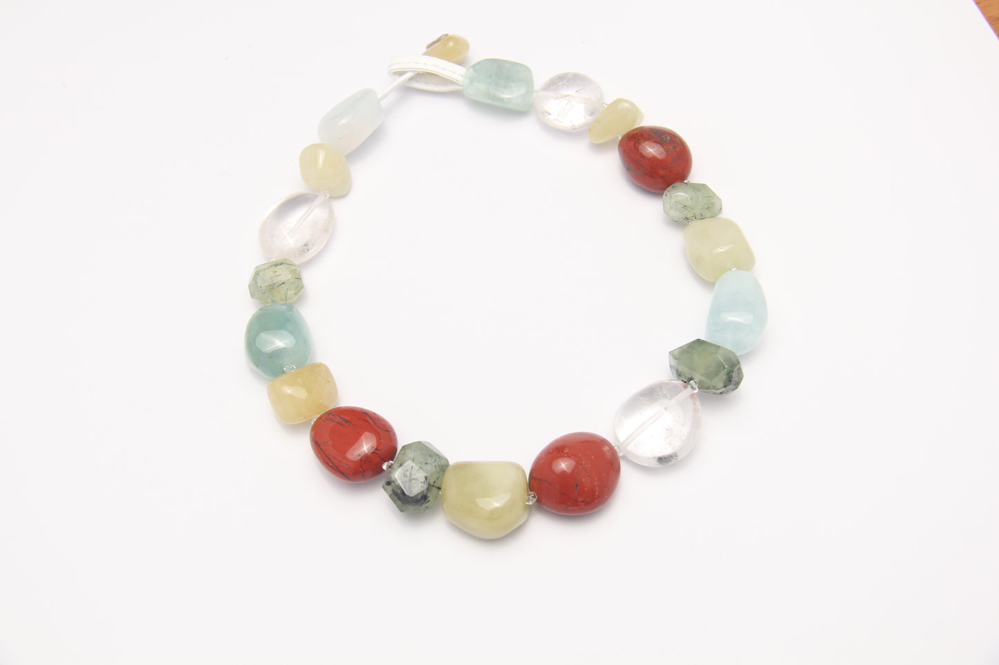 Necklace: red jasper stone, morganite, quartz, prehnite