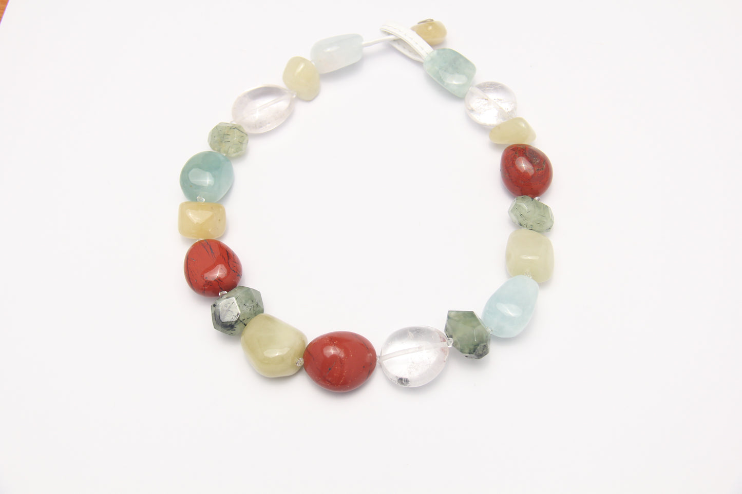 Necklace: red jasper stone, morganite, quartz, prehnite