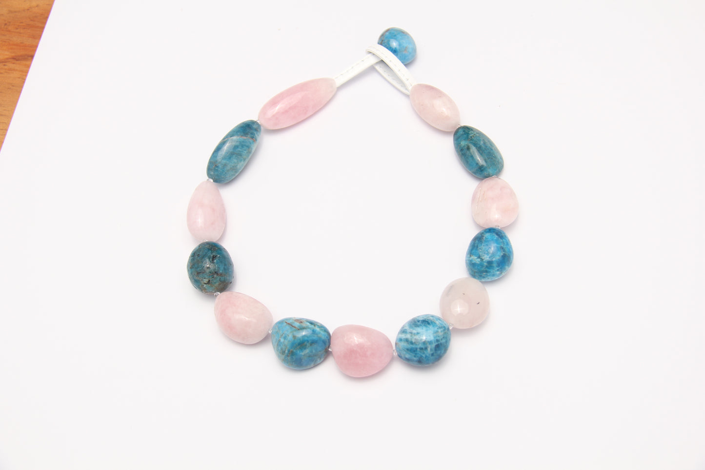 Necklace: morganite, blue apatite