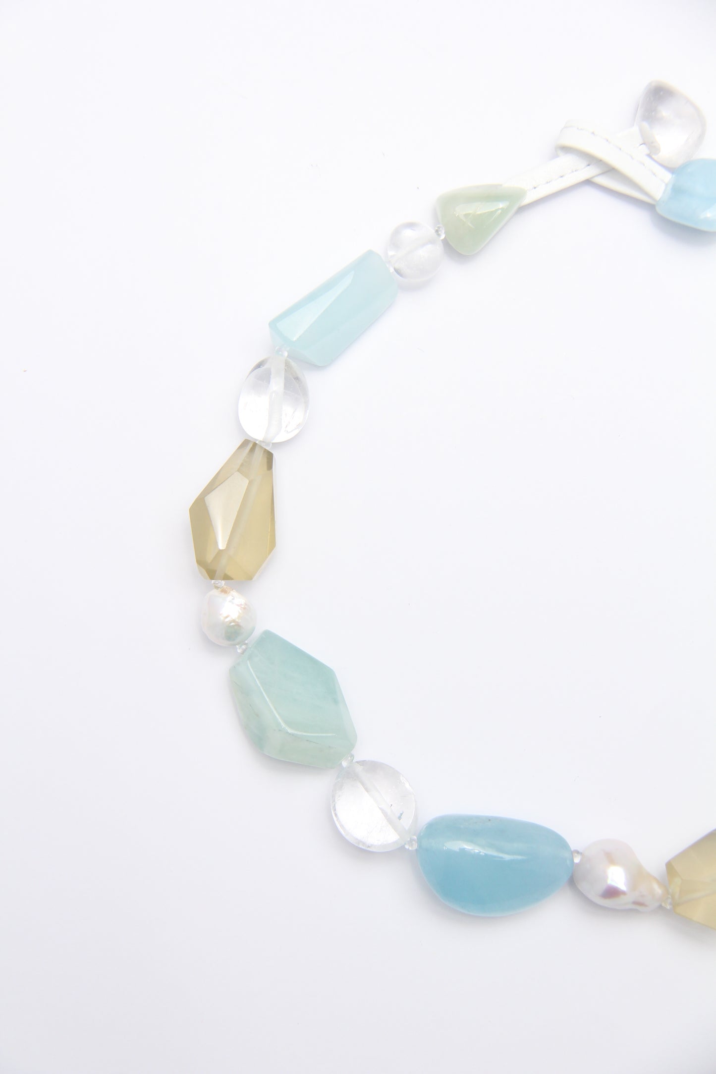 Necklace: citrine, morganite, aquamarine, quartz, pearls