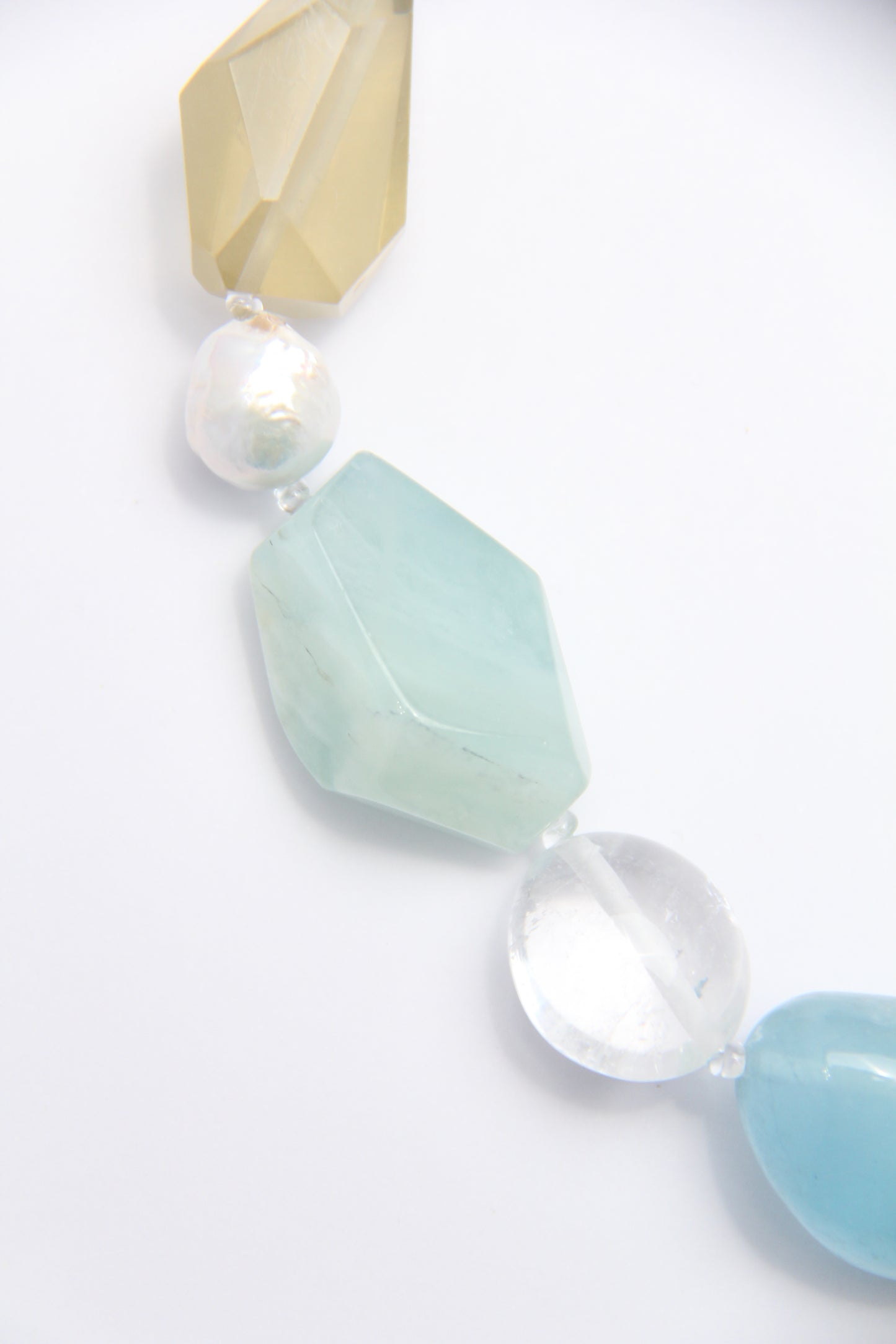 Necklace: citrine, morganite, aquamarine, quartz, pearls