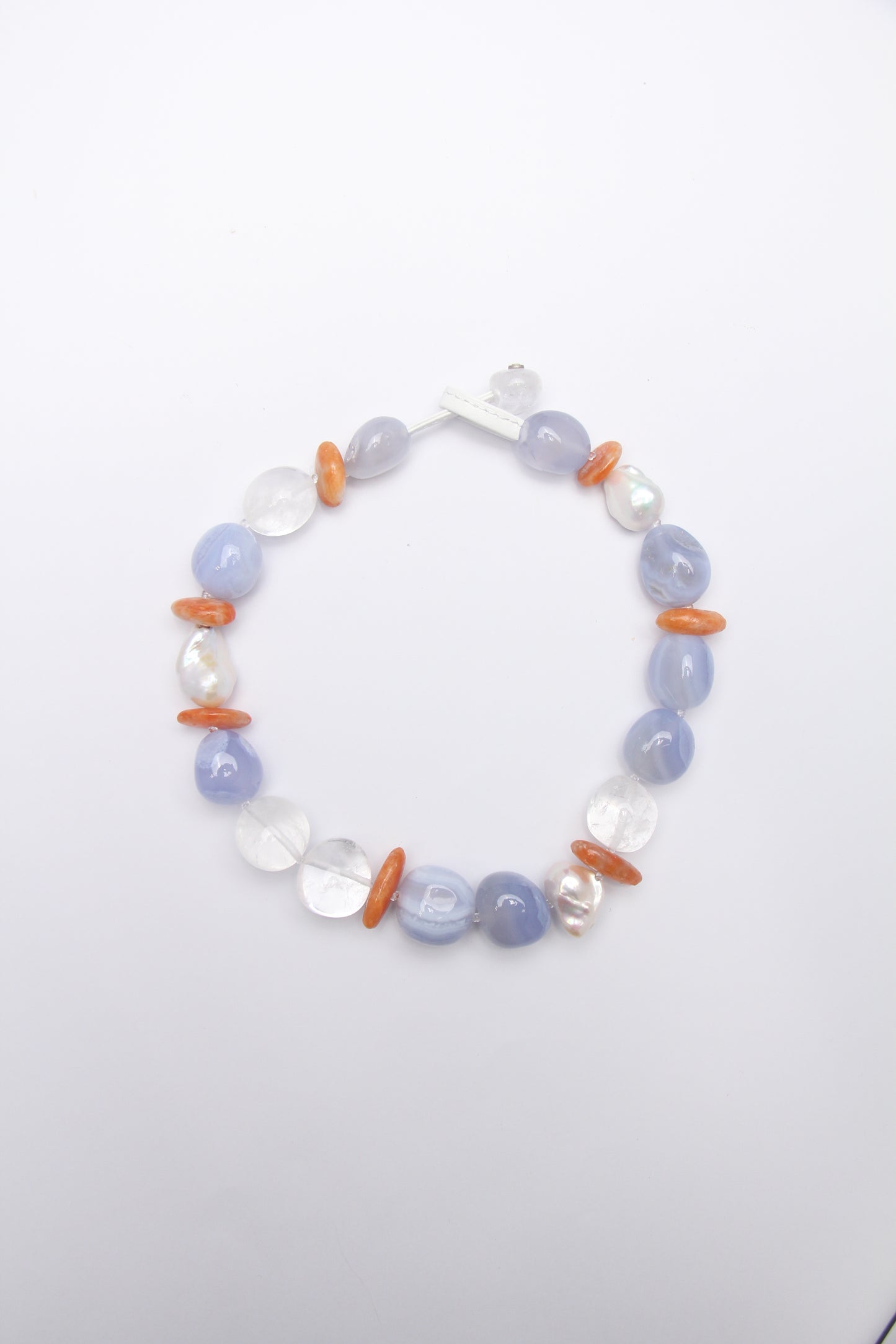 Necklace: blue lace agate, quartz, pearls, calcite