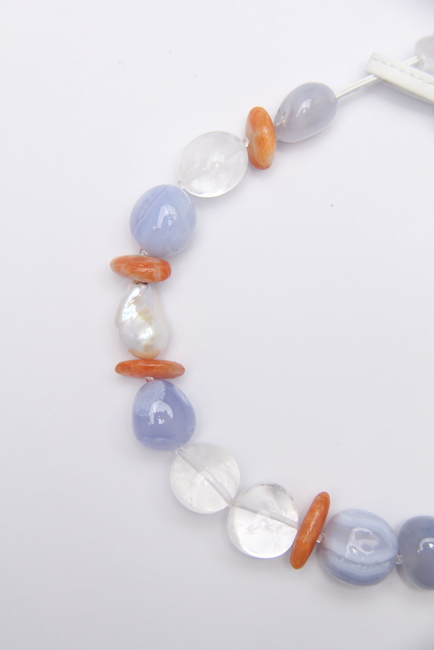 Necklace: blue lace agate, quartz, pearls, calcite