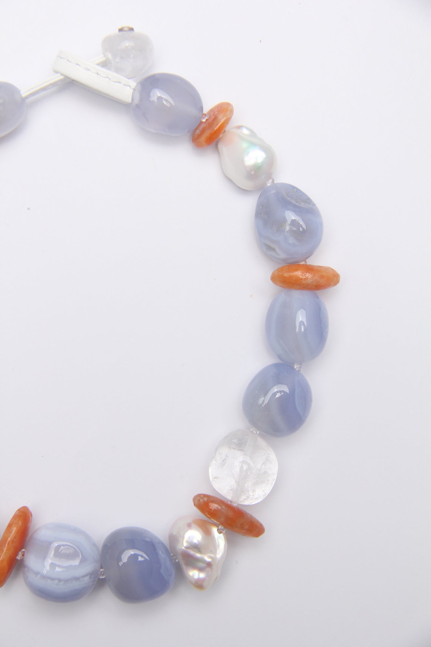 Necklace: blue lace agate, quartz, pearls, calcite