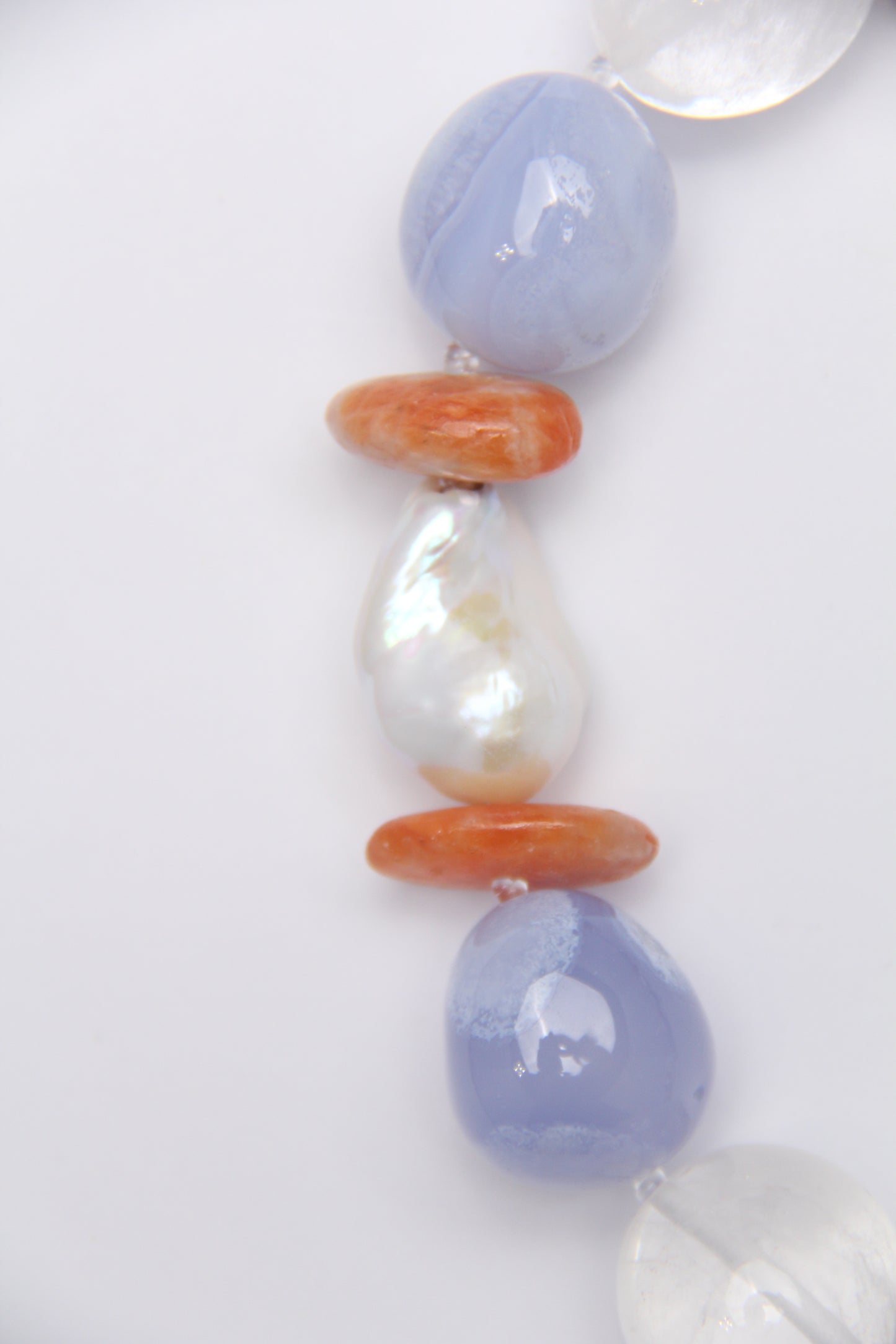 Necklace: blue lace agate, quartz, pearls, calcite