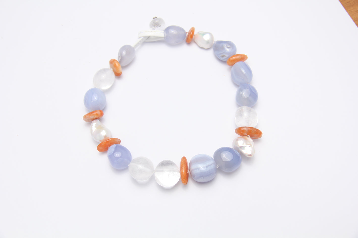 Necklace: blue lace agate, quartz, pearls, calcite