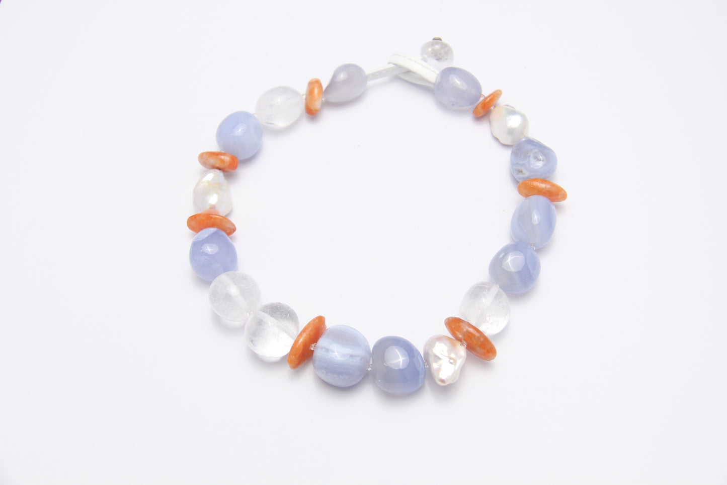 Necklace: blue lace agate, quartz, pearls, calcite