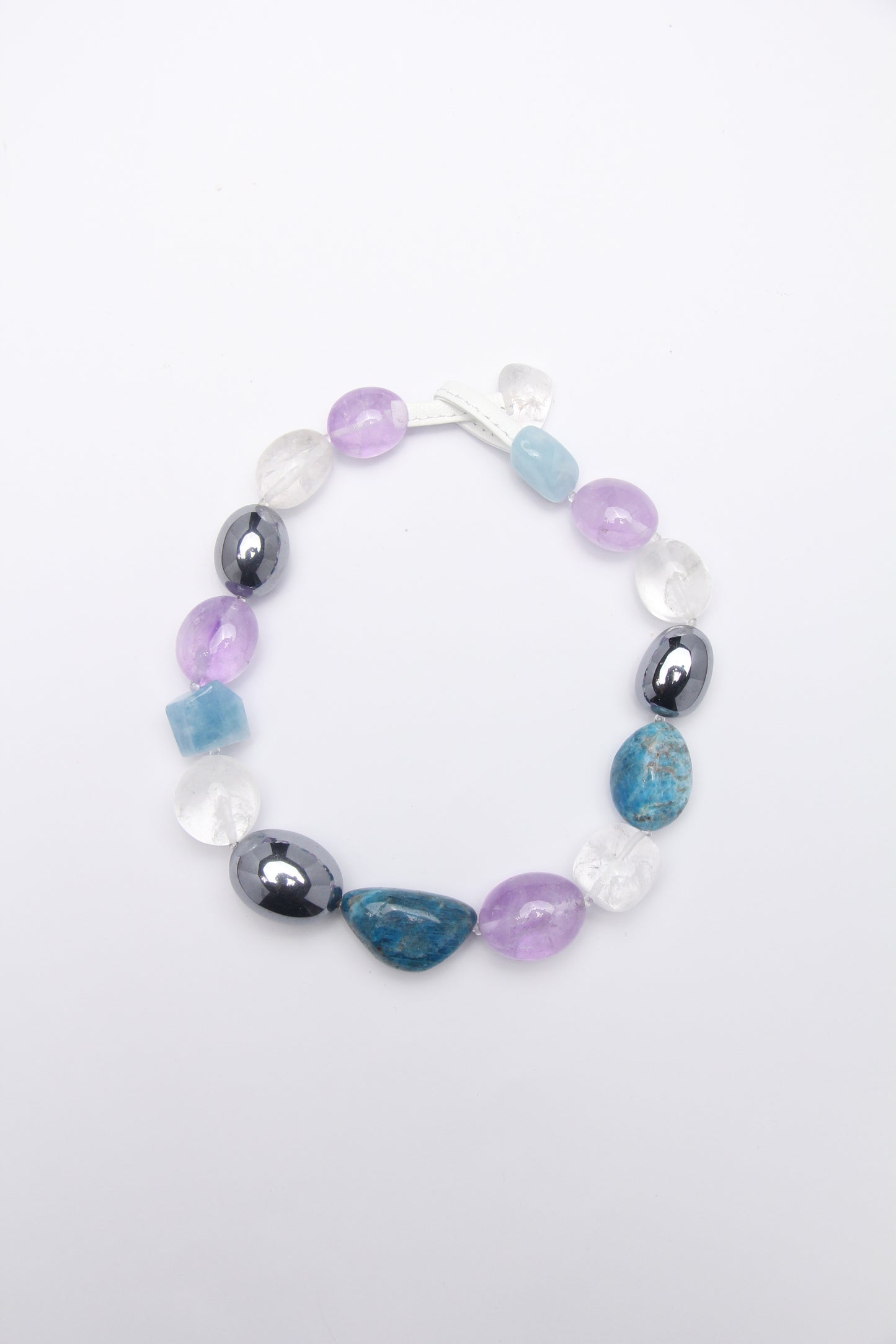 Necklace: amethyst, morganite, blue apatite, quartz, titanium magnet