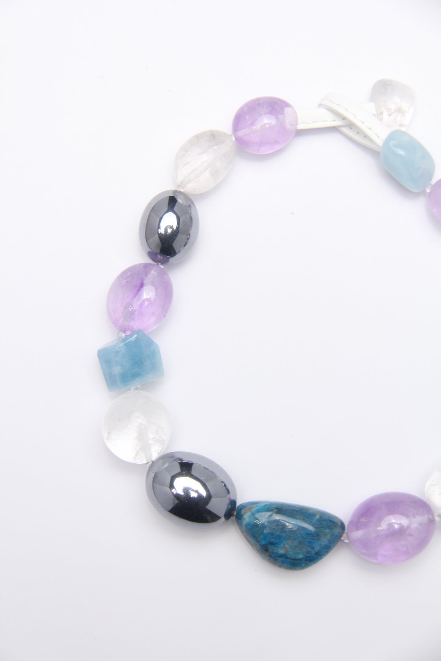 Necklace: amethyst, morganite, blue apatite, quartz, titanium magnet