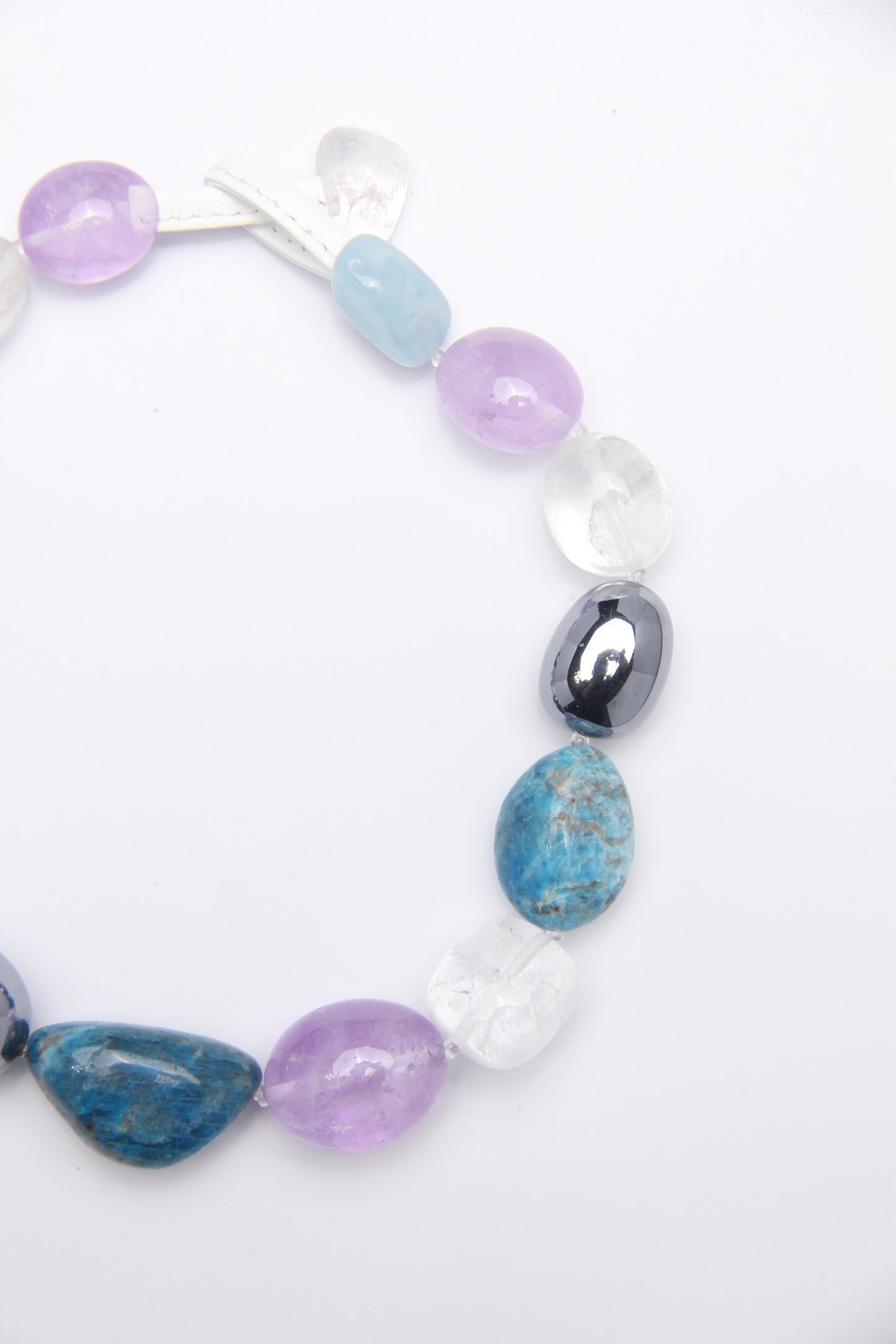 Necklace: amethyst, morganite, blue apatite, quartz, titanium magnet