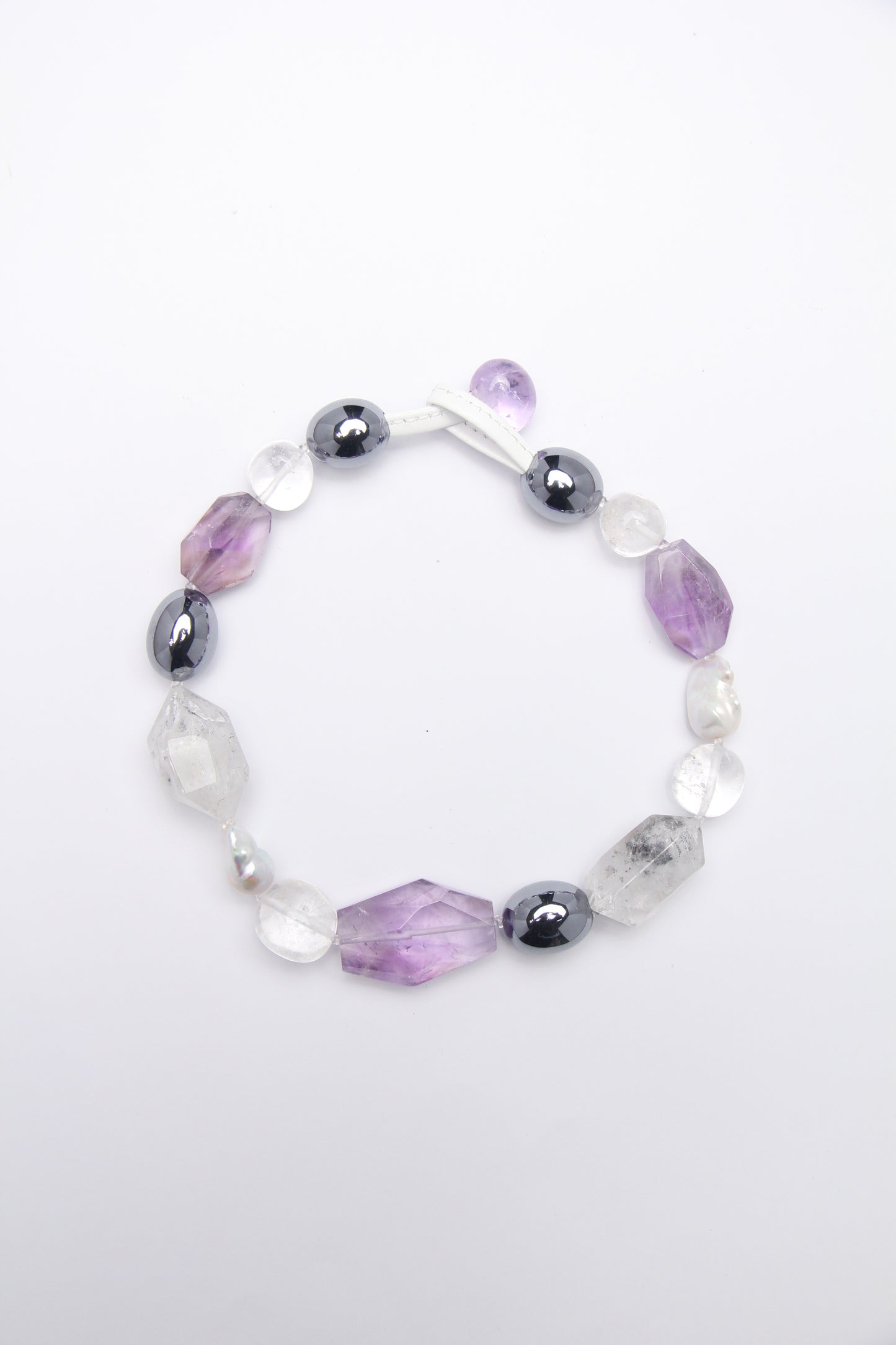 Necklace: amethyst, titanium magnet, herkimer diamond, pearls