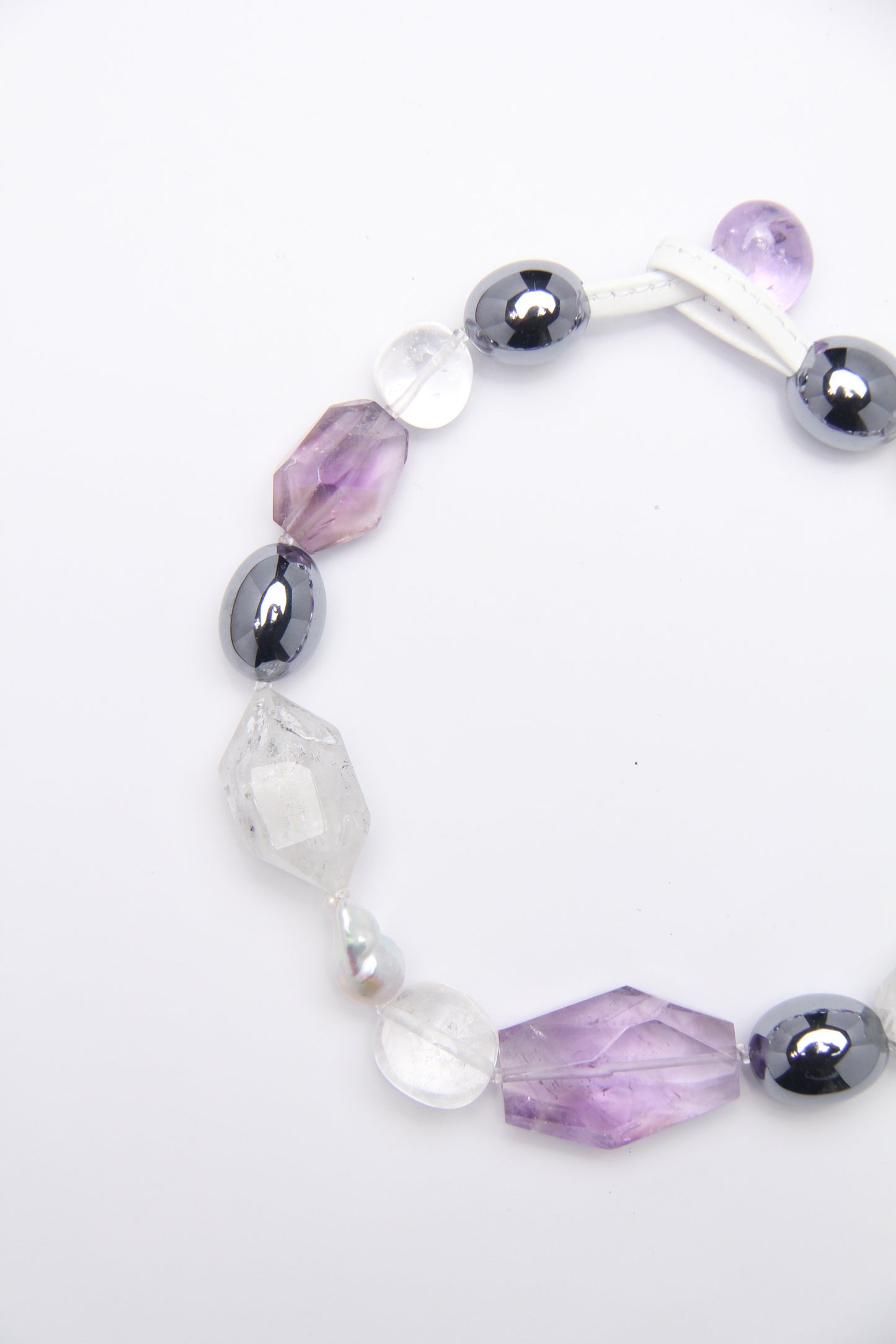 Necklace: amethyst, titanium magnet, herkimer diamond, pearls