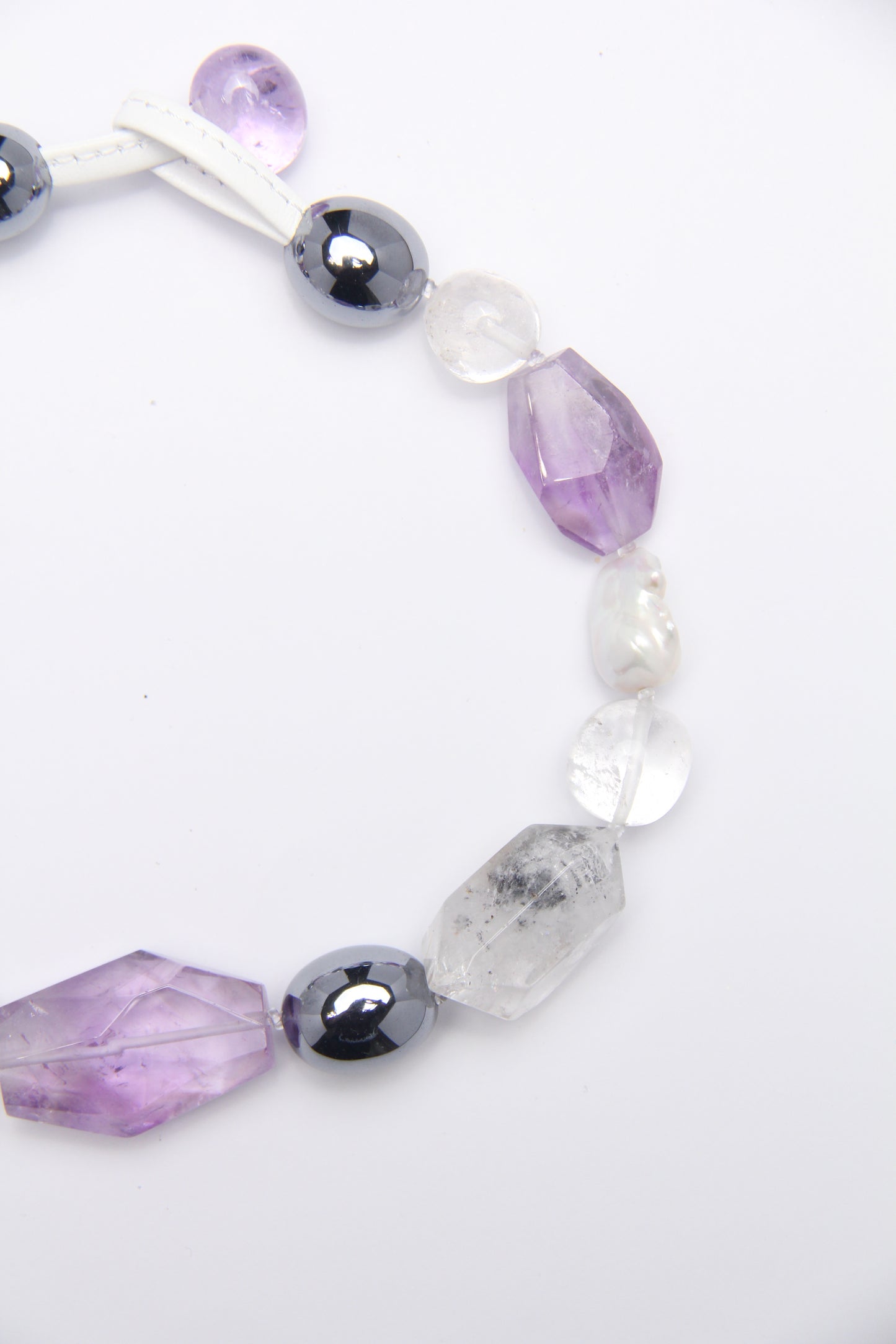 Necklace: amethyst, titanium magnet, herkimer diamond, pearls