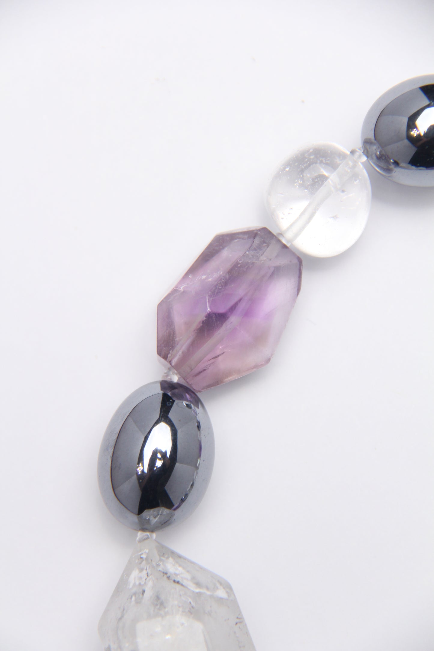 Necklace: amethyst, titanium magnet, herkimer diamond, pearls